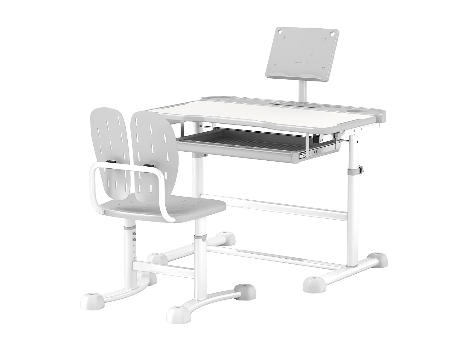 Bureau enfant inclinable avec chaise - ensemble bureau et chaise réglable - support de lecture, rangements - gris blanc