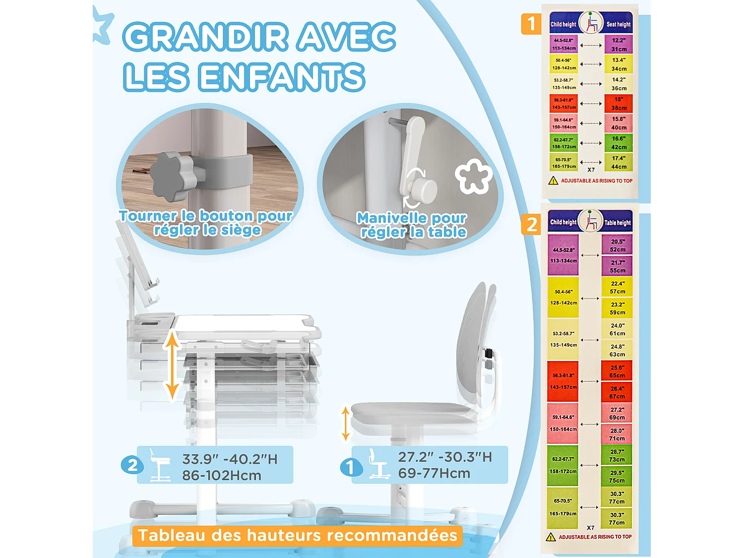 Bureau enfant inclinable avec chaise - ensemble bureau et chaise réglable - support de lecture, rangements - gris blanc