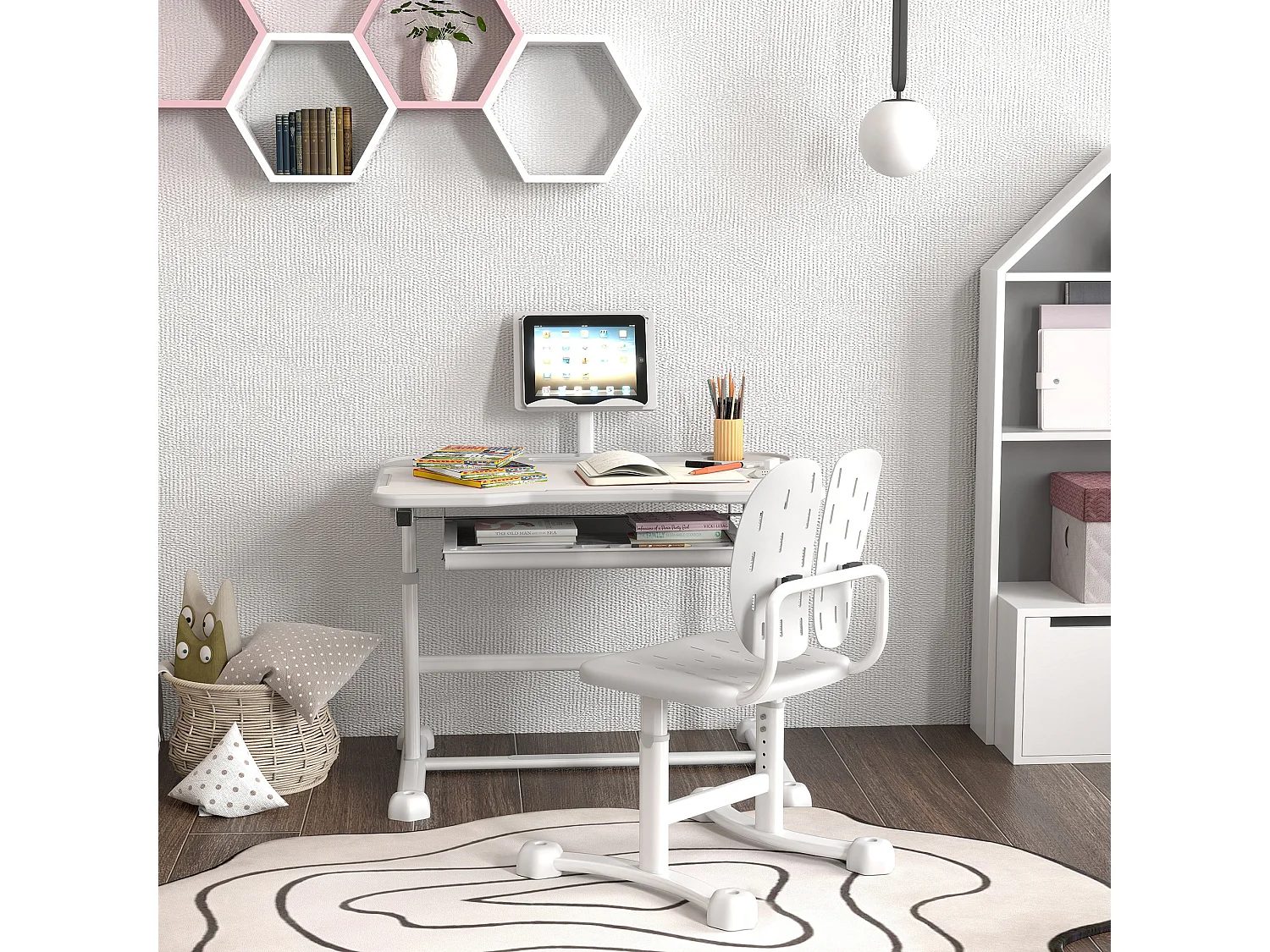 Bureau enfant inclinable avec chaise - ensemble bureau et chaise réglable - support de lecture, rangements - gris blanc