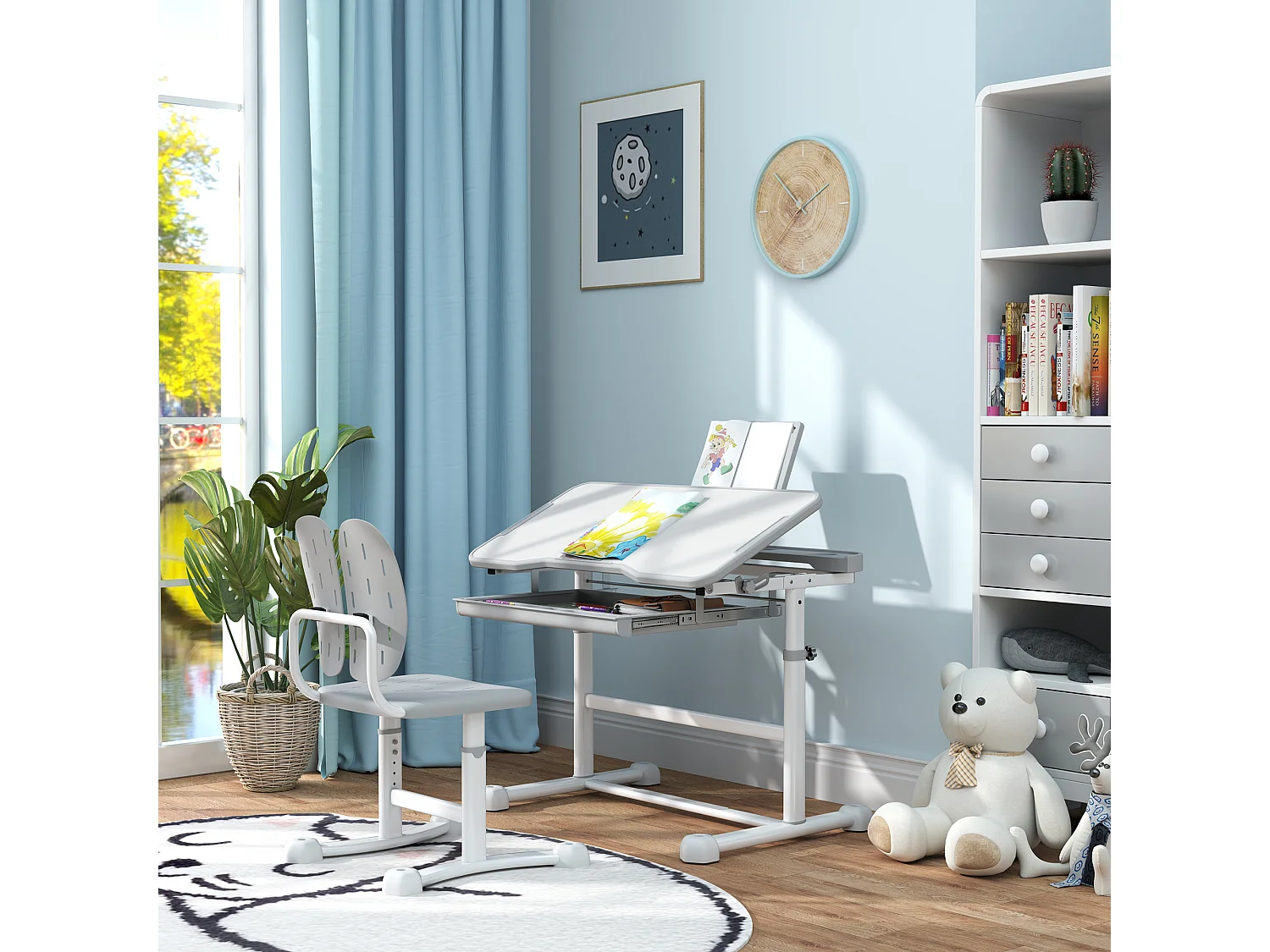 Bureau enfant inclinable avec chaise - ensemble bureau et chaise réglable - support de lecture, rangements - gris blanc