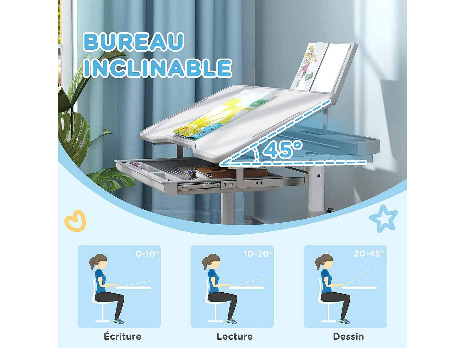 Bureau enfant inclinable avec chaise - ensemble bureau et chaise réglable - support de lecture, rangements - gris blanc