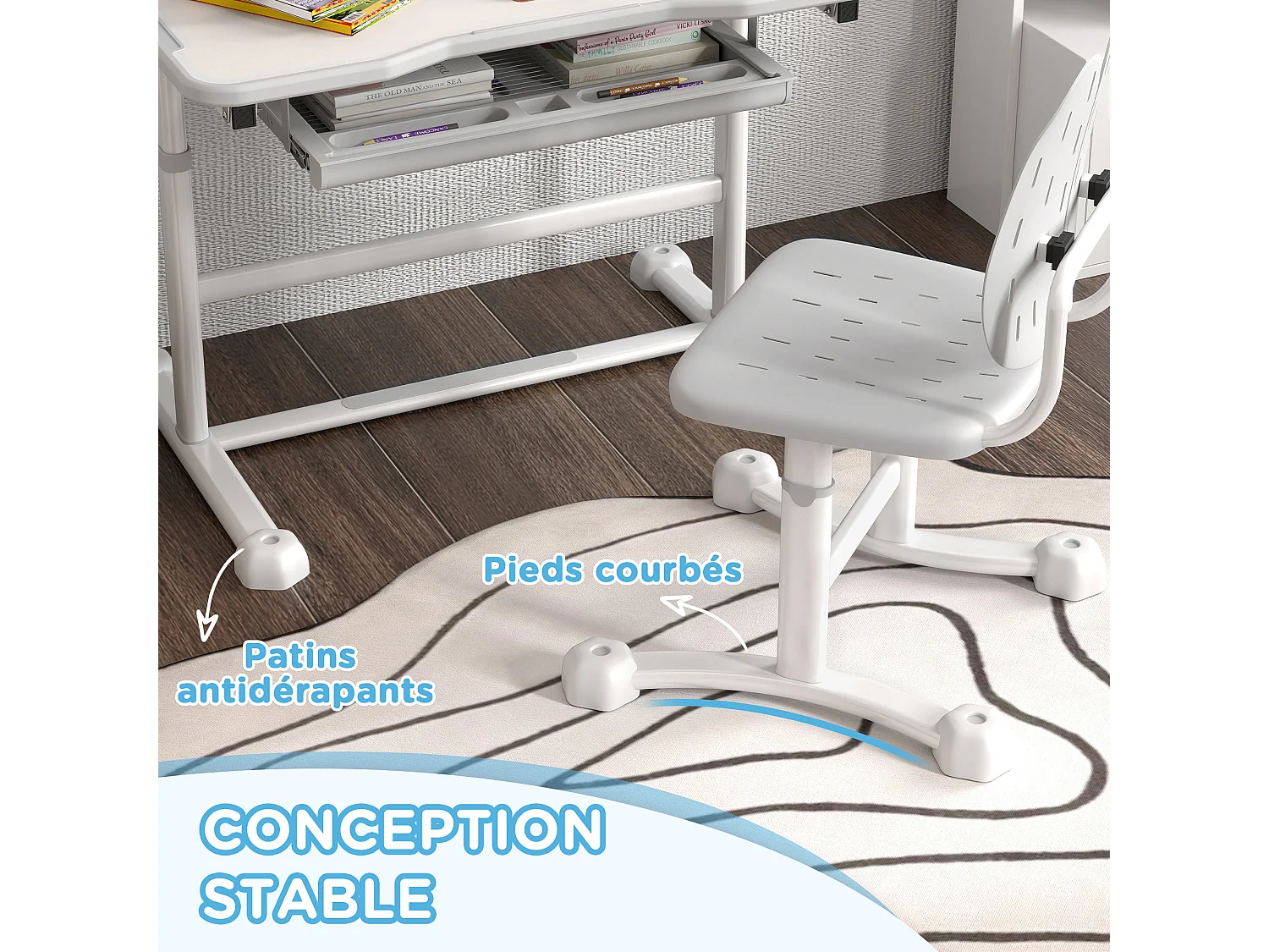 Bureau enfant inclinable avec chaise - ensemble bureau et chaise réglable - support de lecture, rangements - gris blanc