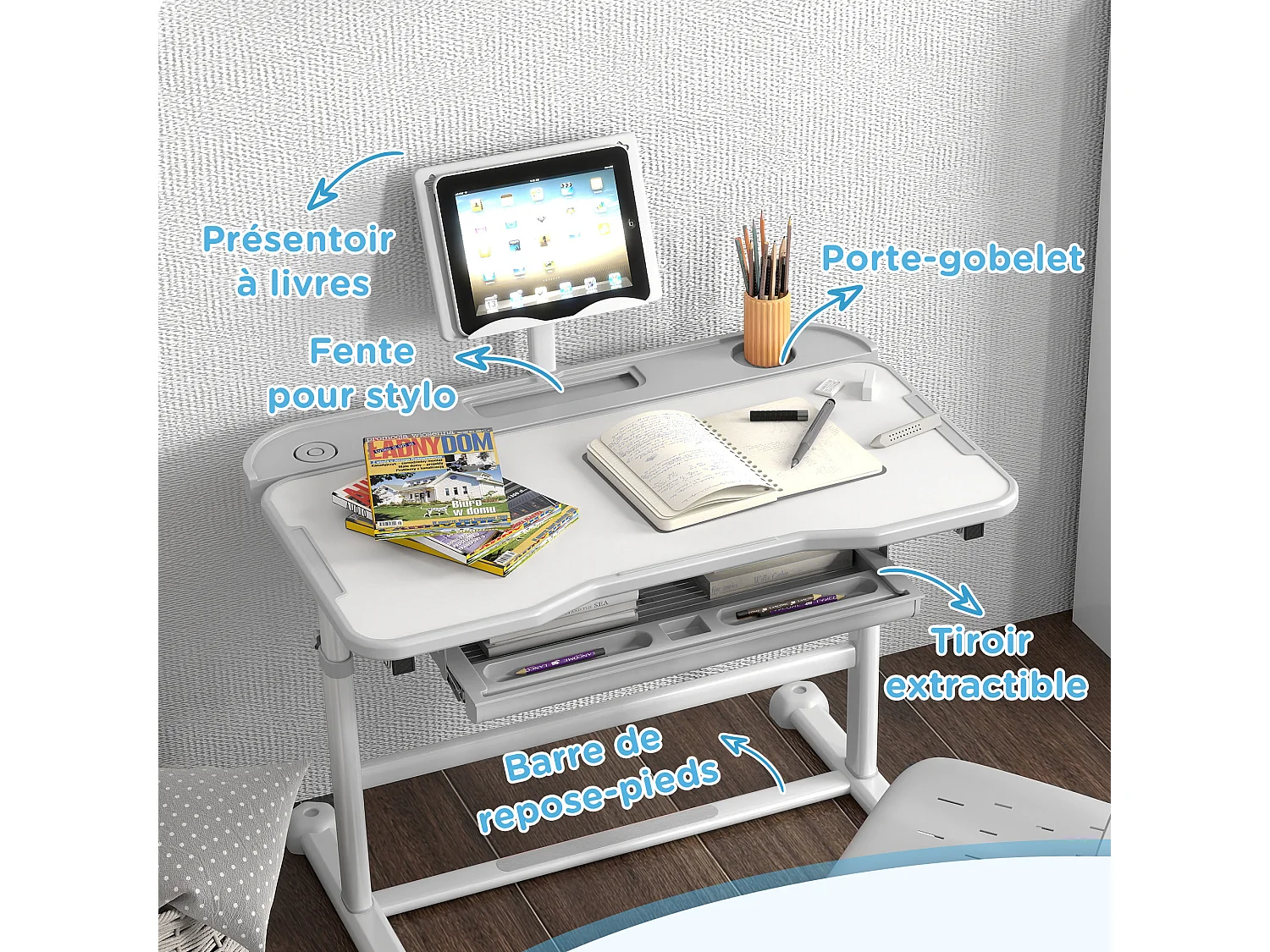 Bureau enfant inclinable avec chaise - ensemble bureau et chaise réglable - support de lecture, rangements - gris blanc