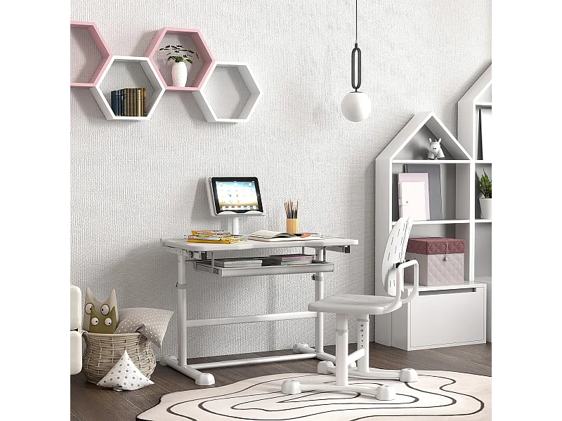 Bureau enfant inclinable avec chaise - ensemble bureau et chaise réglable - support de lecture, rangements - gris blanc