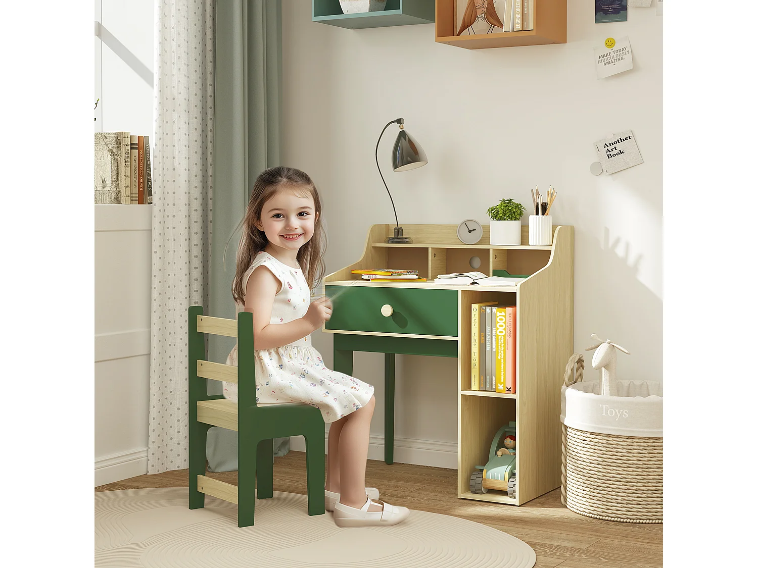 Ensemble bureau chaise enfant style néo-rétro - tiroir, étagère, 5 niches - aspect bois vert