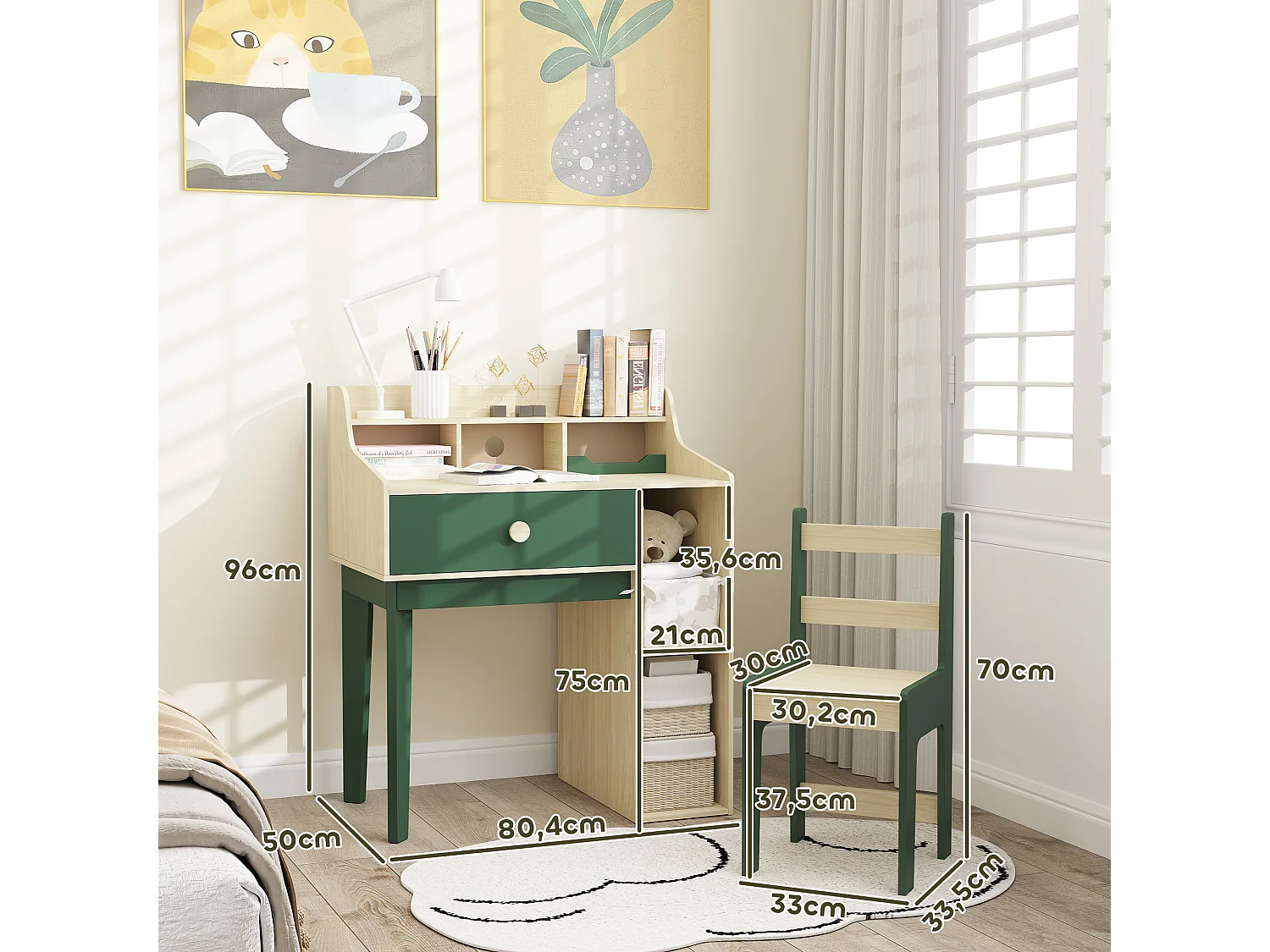 Ensemble bureau chaise enfant style néo-rétro - tiroir, étagère, 5 niches - aspect bois vert