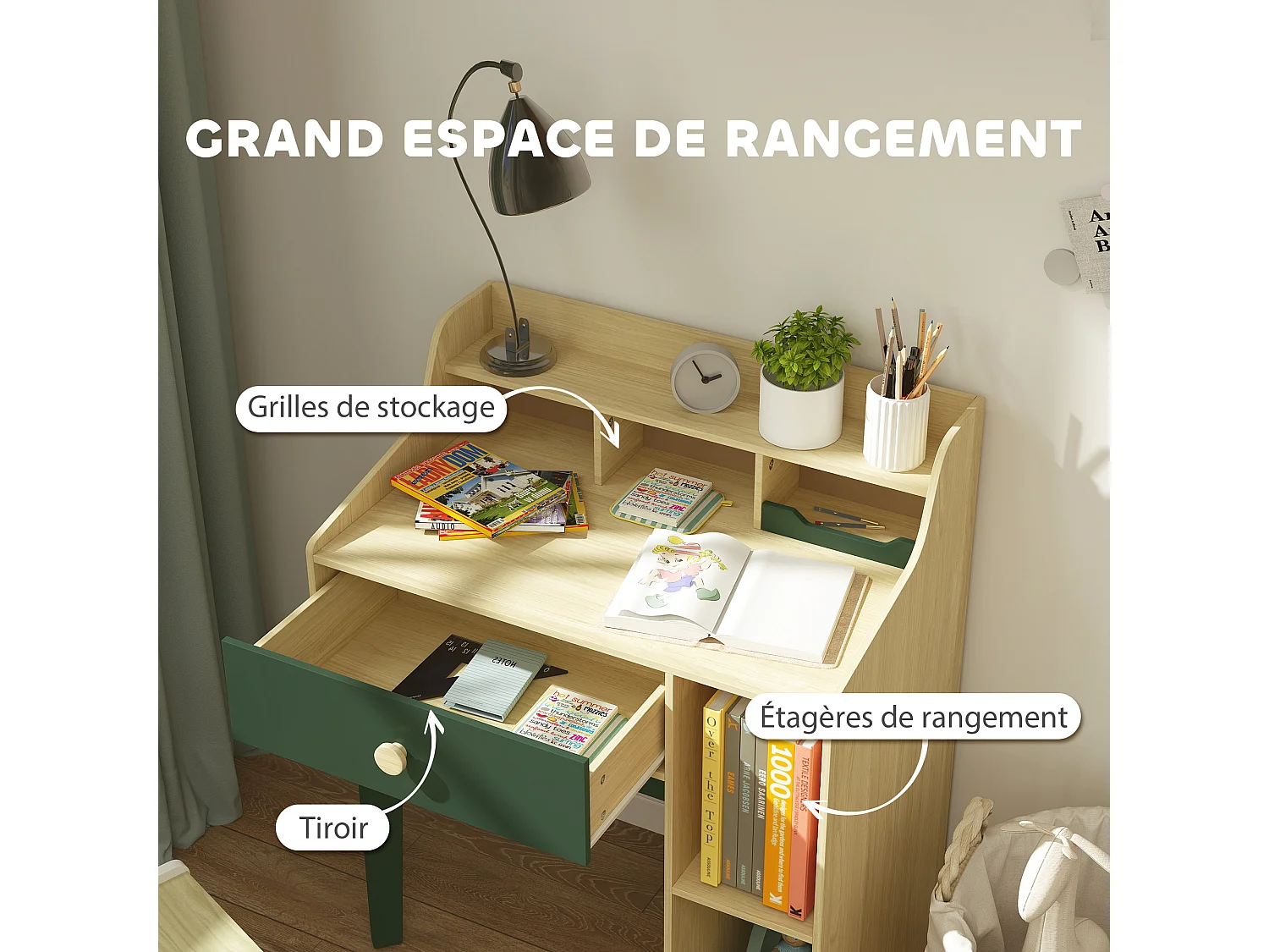 Ensemble bureau chaise enfant style néo-rétro - tiroir, étagère, 5 niches - aspect bois vert