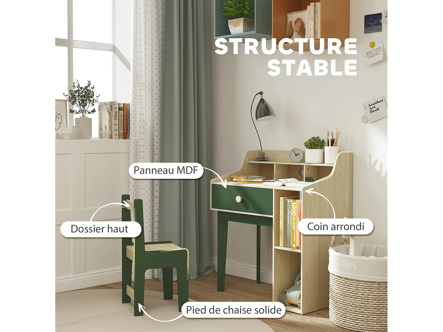 Ensemble bureau chaise enfant style néo-rétro - tiroir, étagère, 5 niches - aspect bois vert