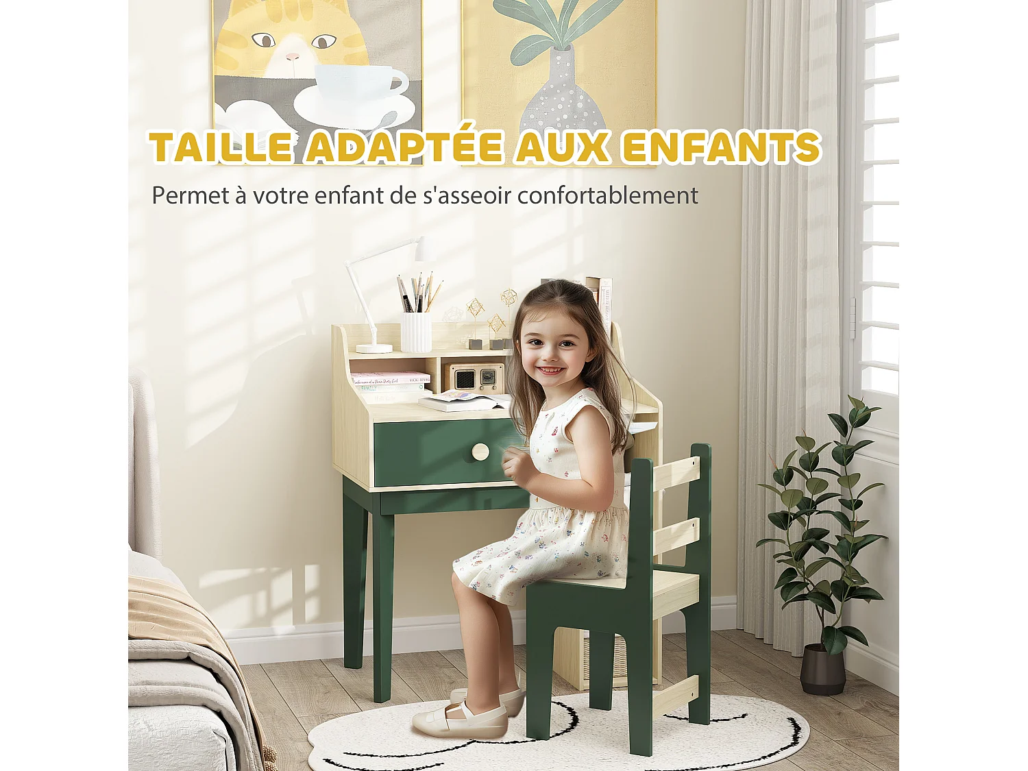 Ensemble bureau chaise enfant style néo-rétro - tiroir, étagère, 5 niches - aspect bois vert