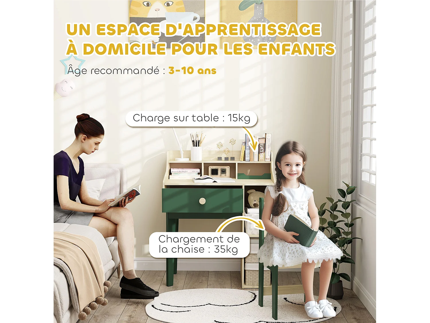 Ensemble bureau chaise enfant style néo-rétro - tiroir, étagère, 5 niches - aspect bois vert