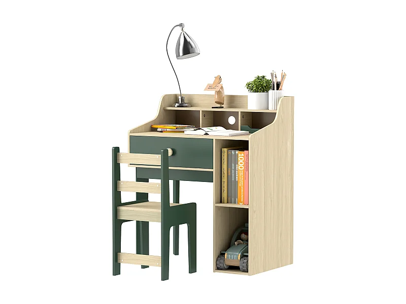Ensemble bureau chaise enfant style néo-rétro - tiroir, étagère, 5 niches - aspect bois vert
