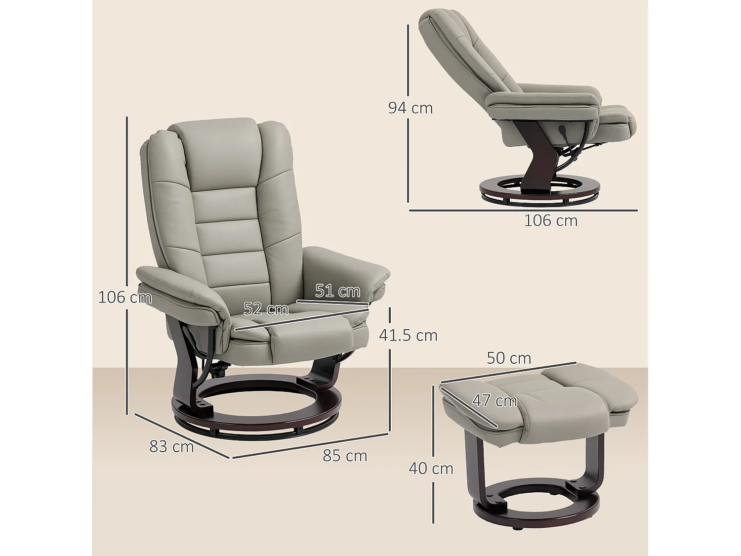 Fauteuil de relaxation inclinable pivotant avec repose-pied PU grège