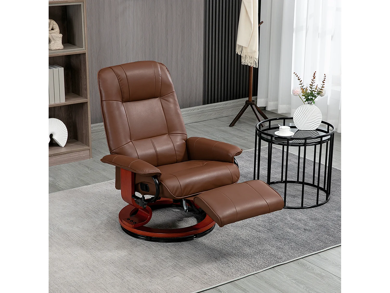 Fauteuil relax inclinable pivotant repose-pied réglable piètement bois revêtement synthétique marron