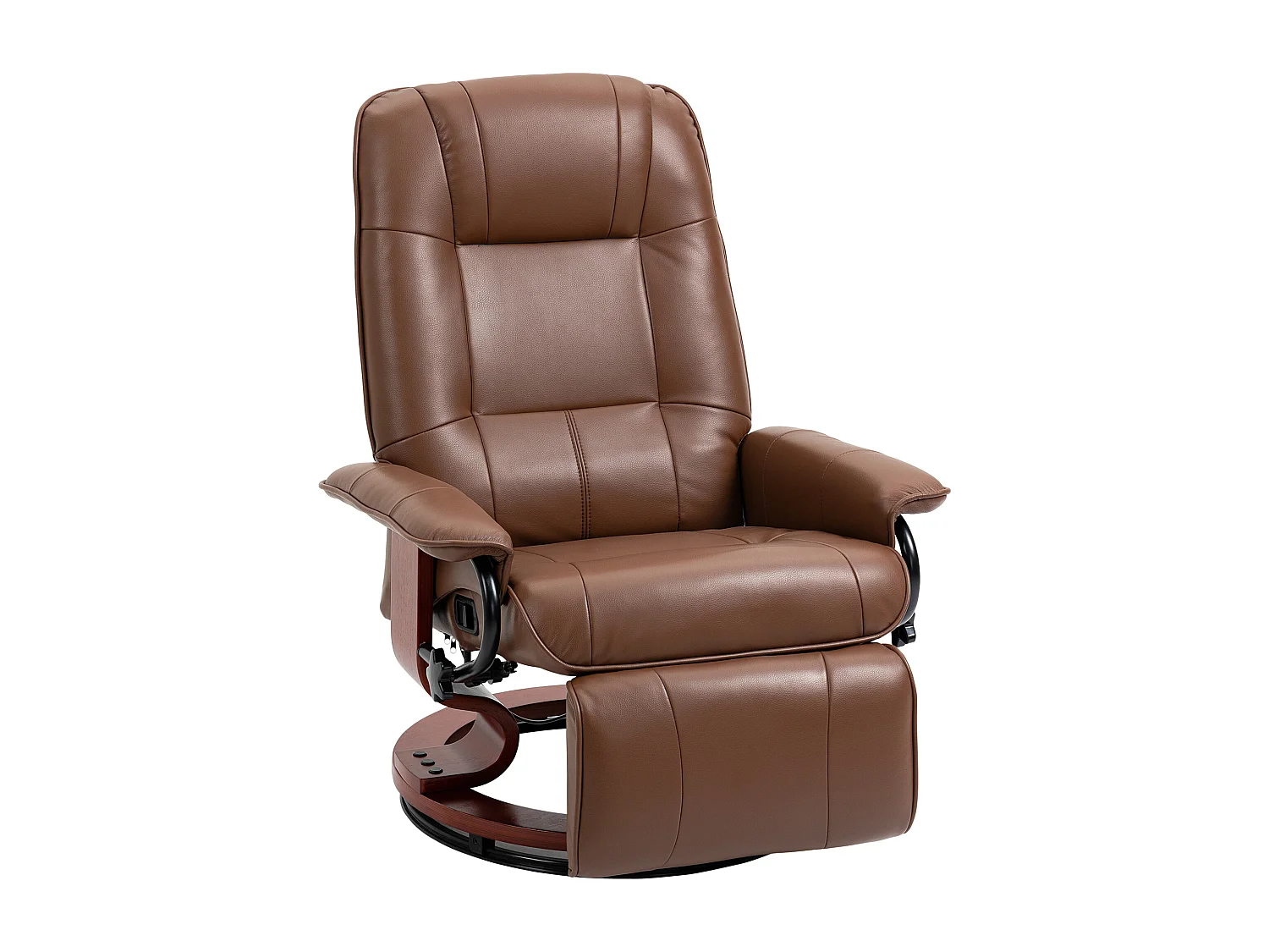 Fauteuil relax inclinable pivotant repose-pied réglable piètement bois revêtement synthétique marron