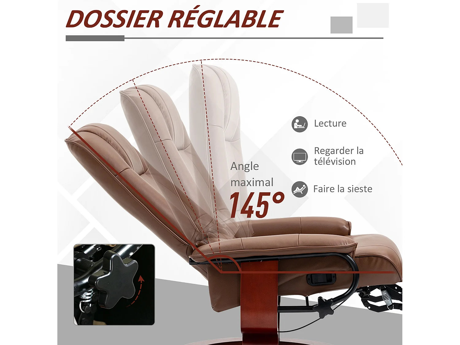 Fauteuil relax inclinable pivotant repose-pied réglable piètement bois revêtement synthétique marron