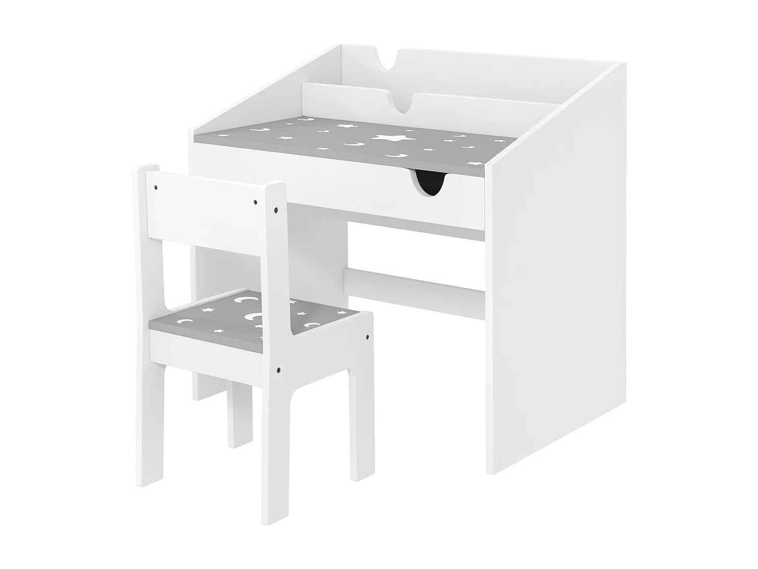 Ensemble bureau et chaise enfant motif étoile lune - tiroir, porte-livres intégré - blanc gris