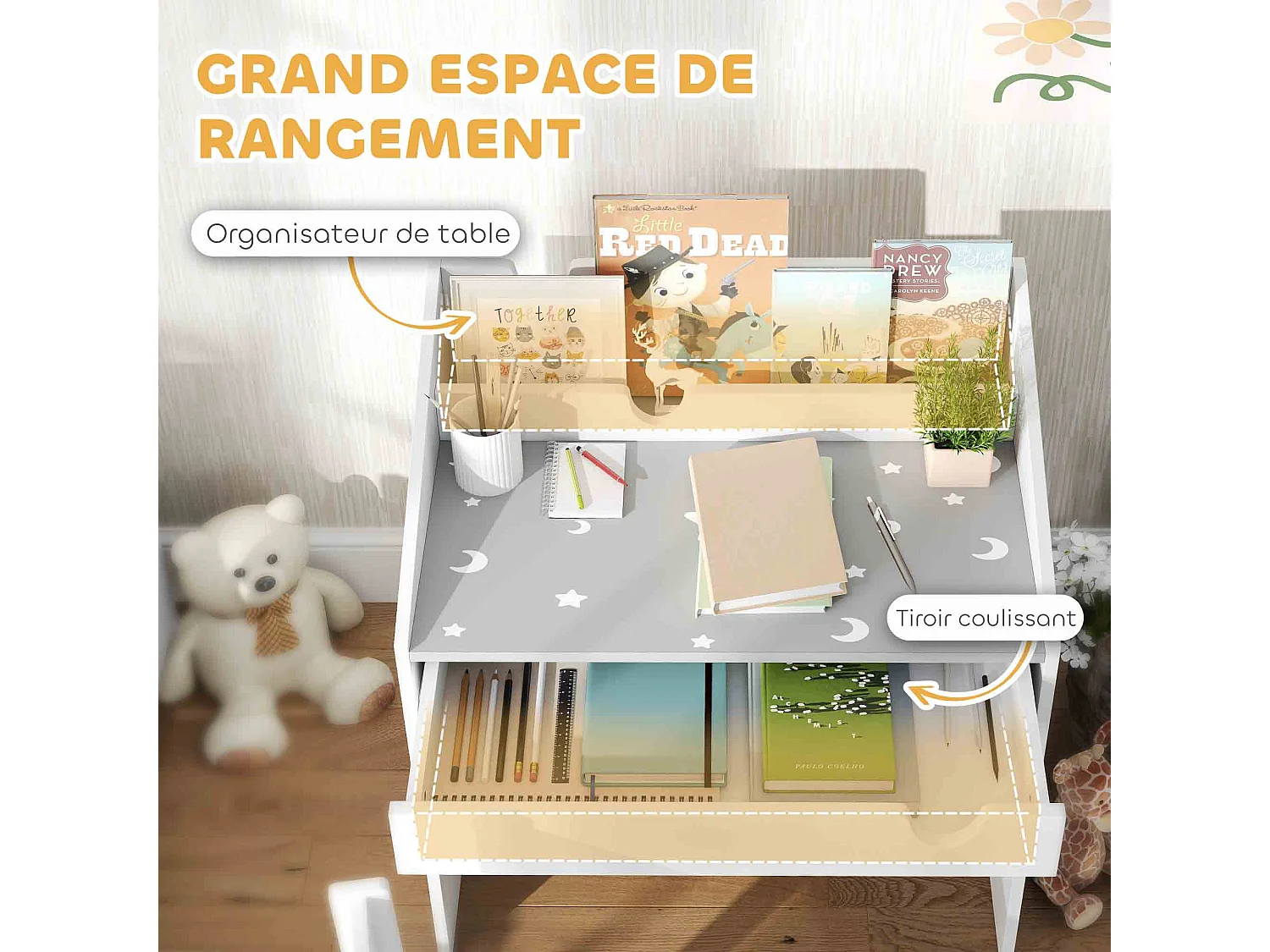 Ensemble bureau et chaise enfant motif étoile lune - tiroir, porte-livres intégré - blanc gris