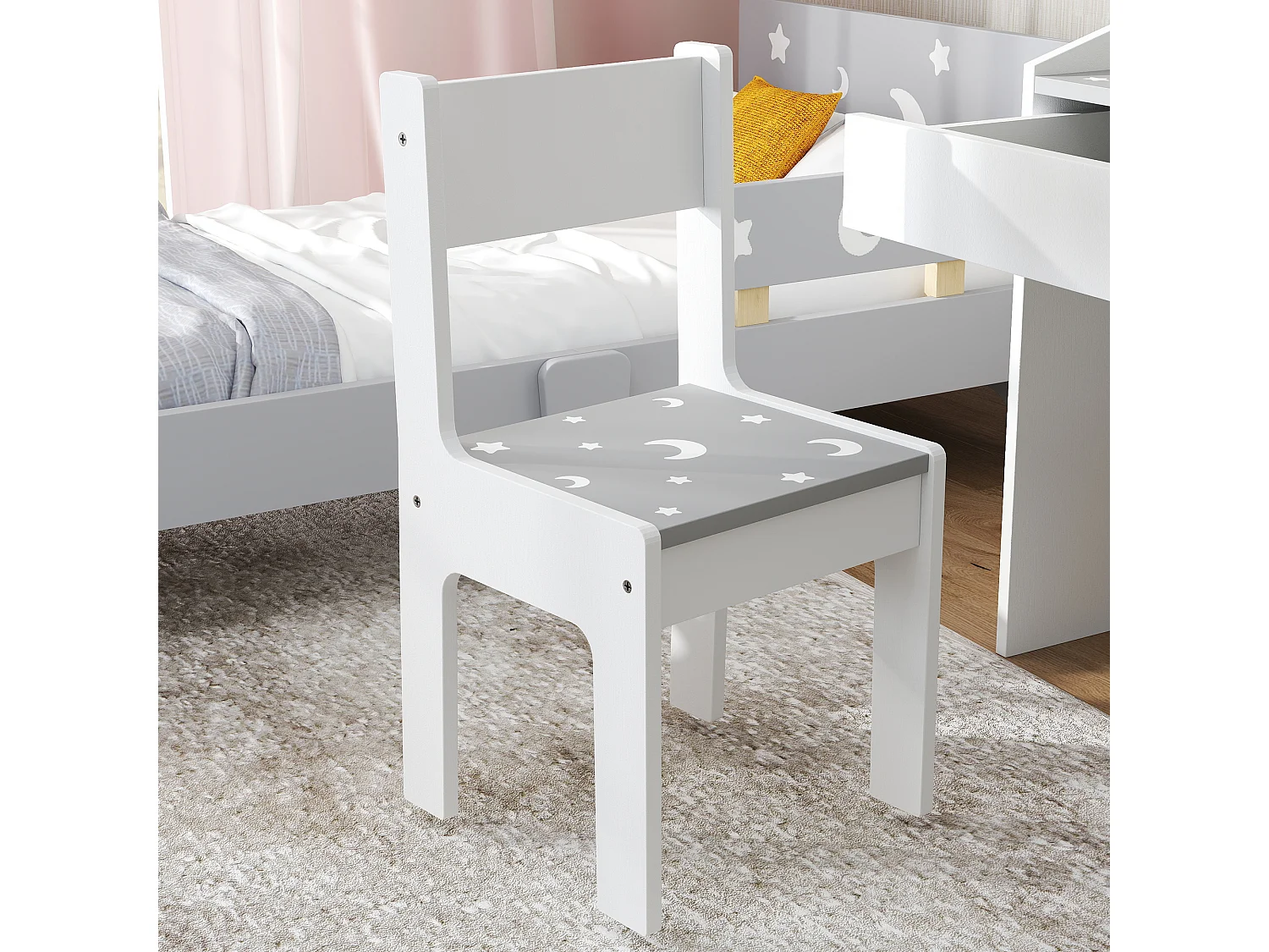 Ensemble bureau et chaise enfant motif étoile lune - tiroir, porte-livres intégré - blanc gris
