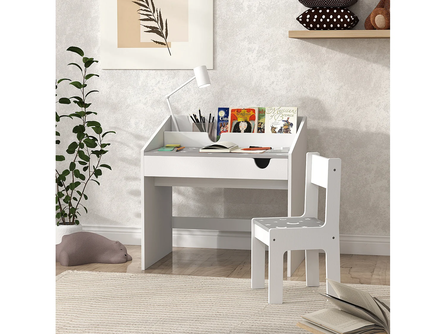 Ensemble bureau et chaise enfant motif étoile lune - tiroir, porte-livres intégré - blanc gris