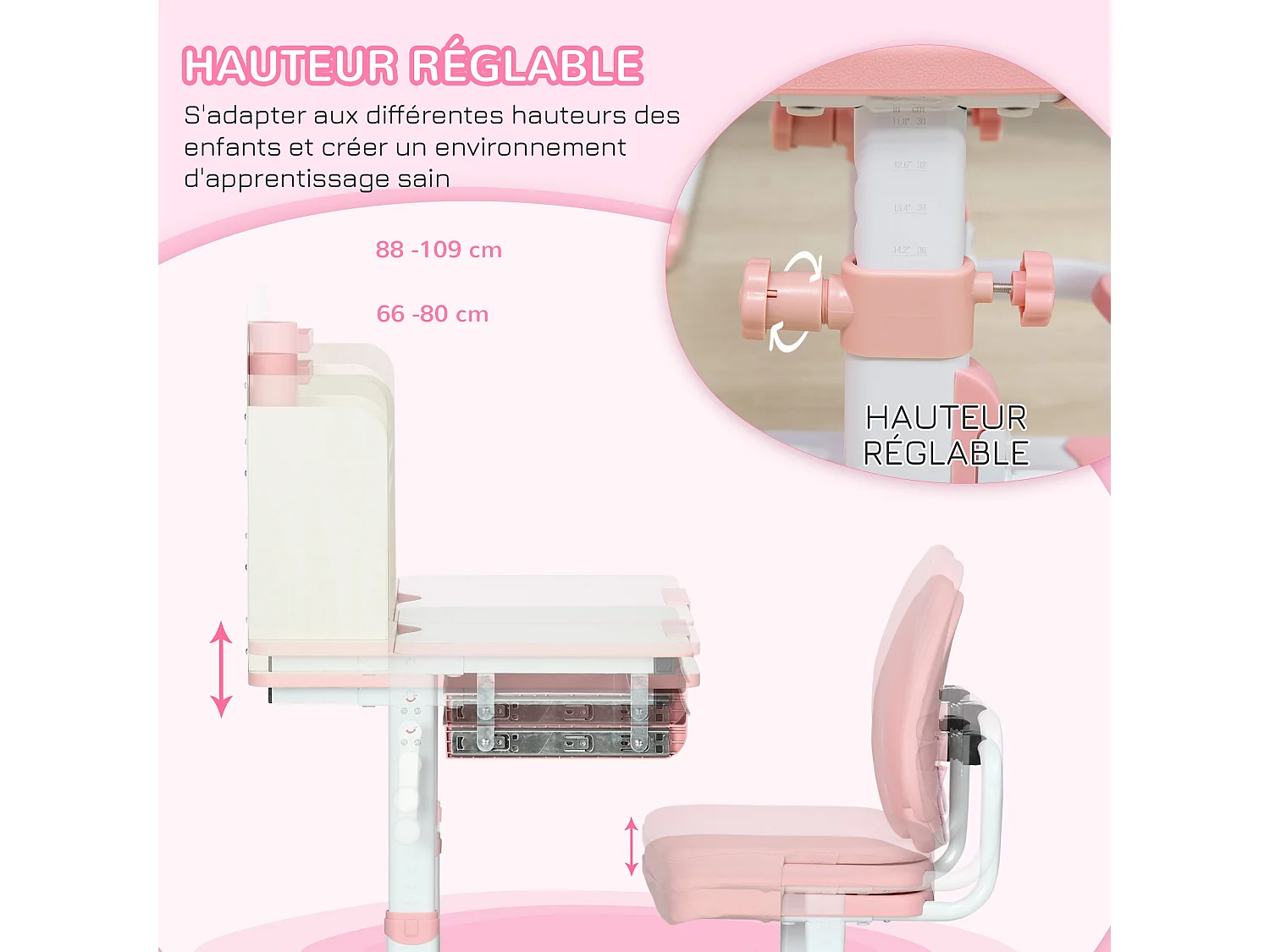 Ensemble bureau chaise enfant hauteur réglable plateau inclinable nombreux rangements blanc rose effet bois clair