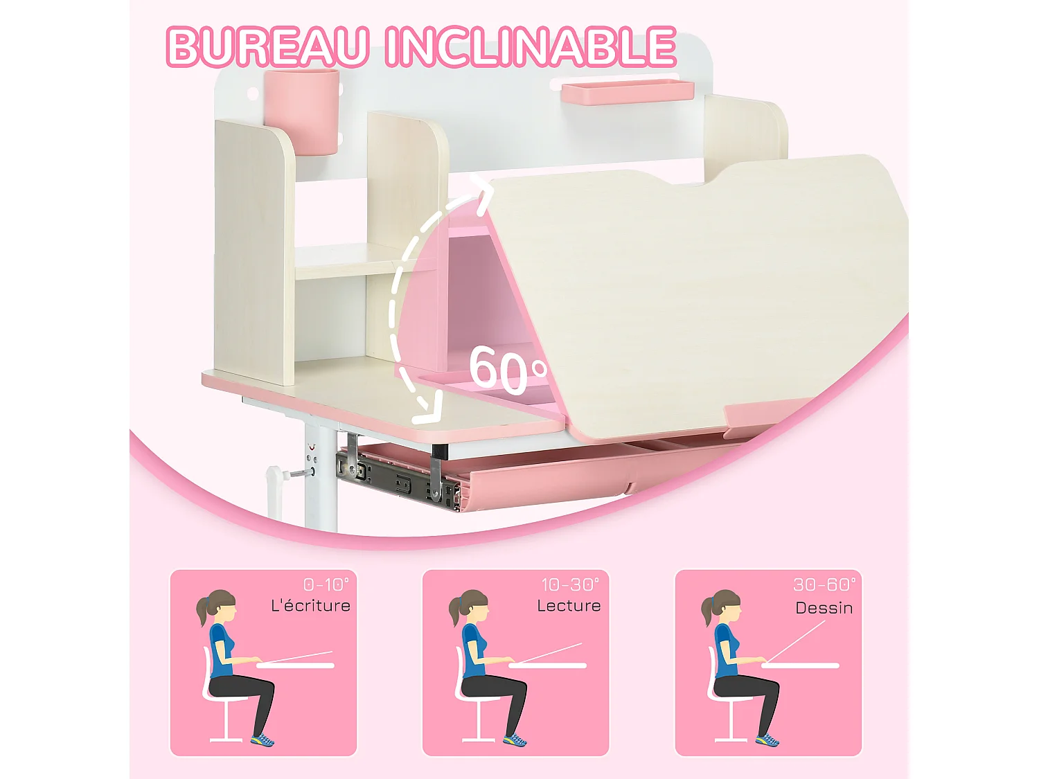 Ensemble bureau chaise enfant hauteur réglable plateau inclinable nombreux rangements blanc rose effet bois clair