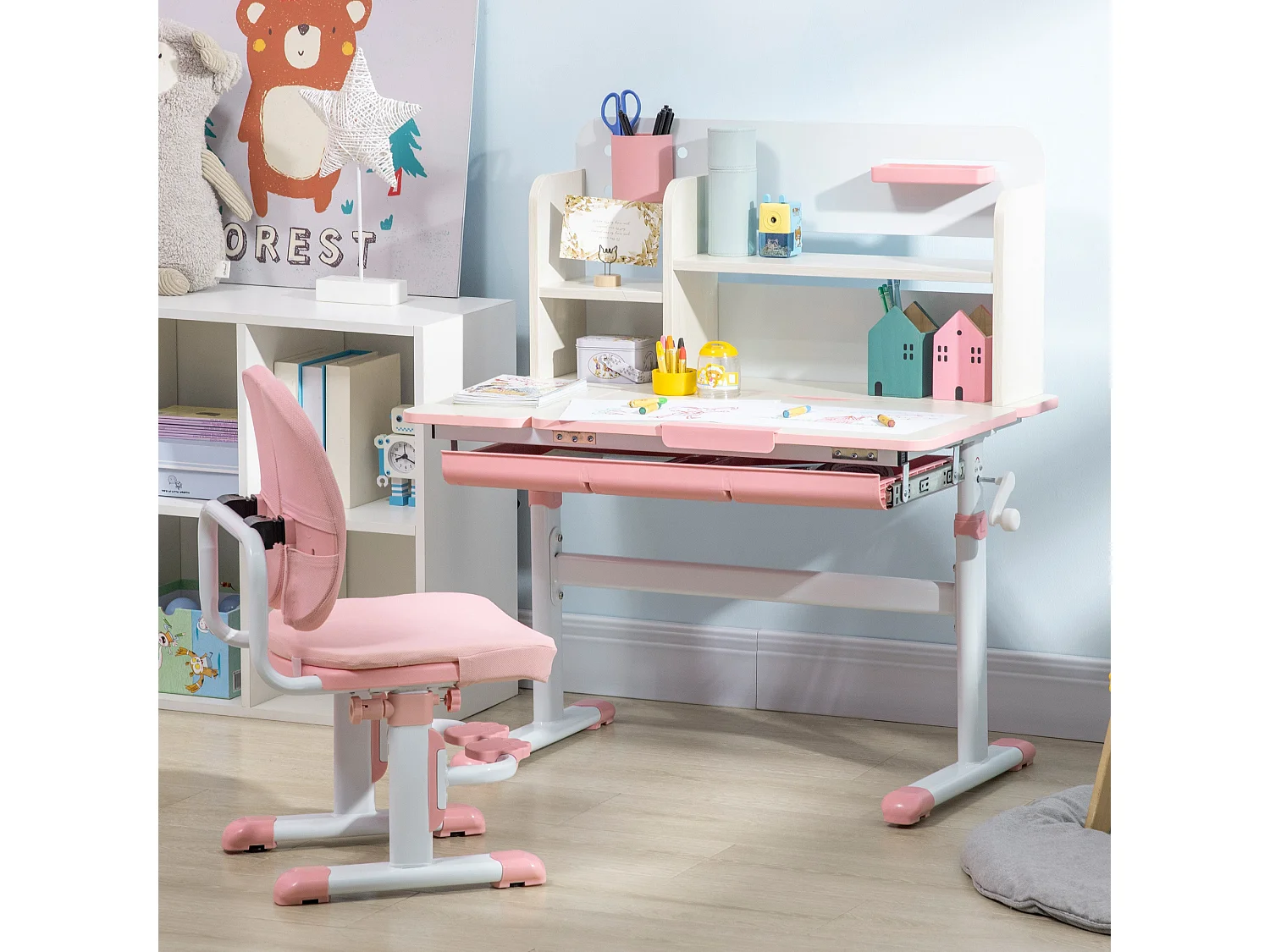 Ensemble bureau chaise enfant hauteur réglable plateau inclinable nombreux rangements blanc rose effet bois clair