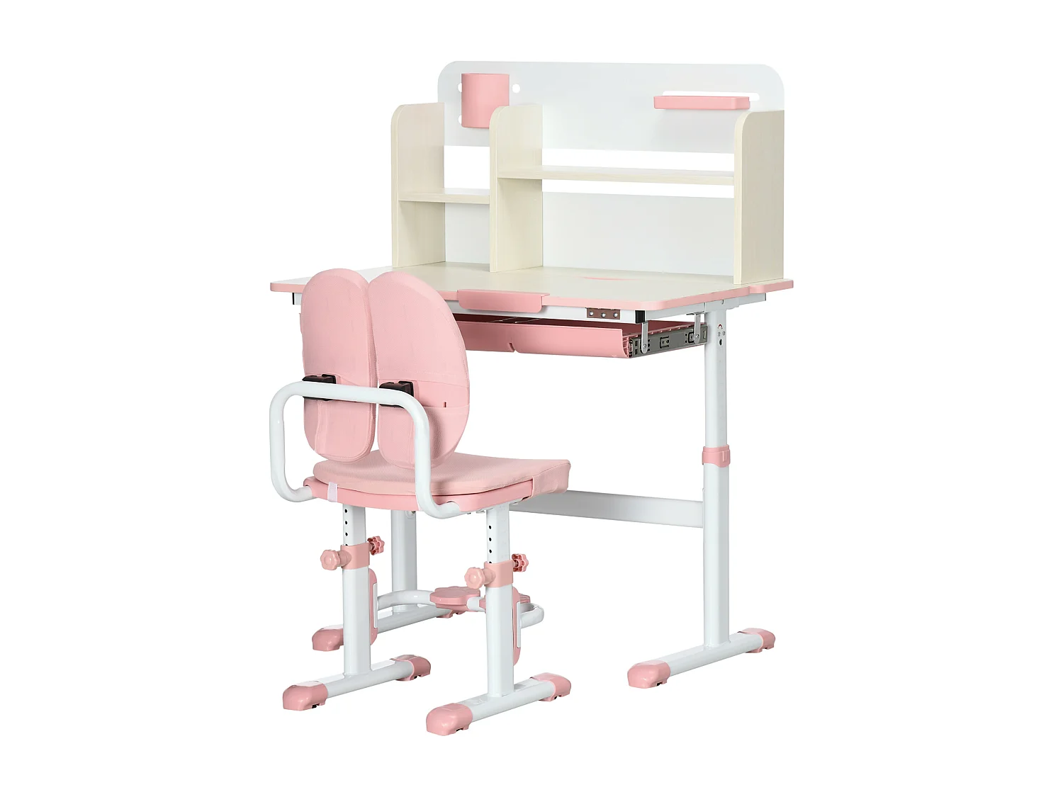 Ensemble bureau chaise enfant hauteur réglable plateau inclinable nombreux rangements blanc rose effet bois clair