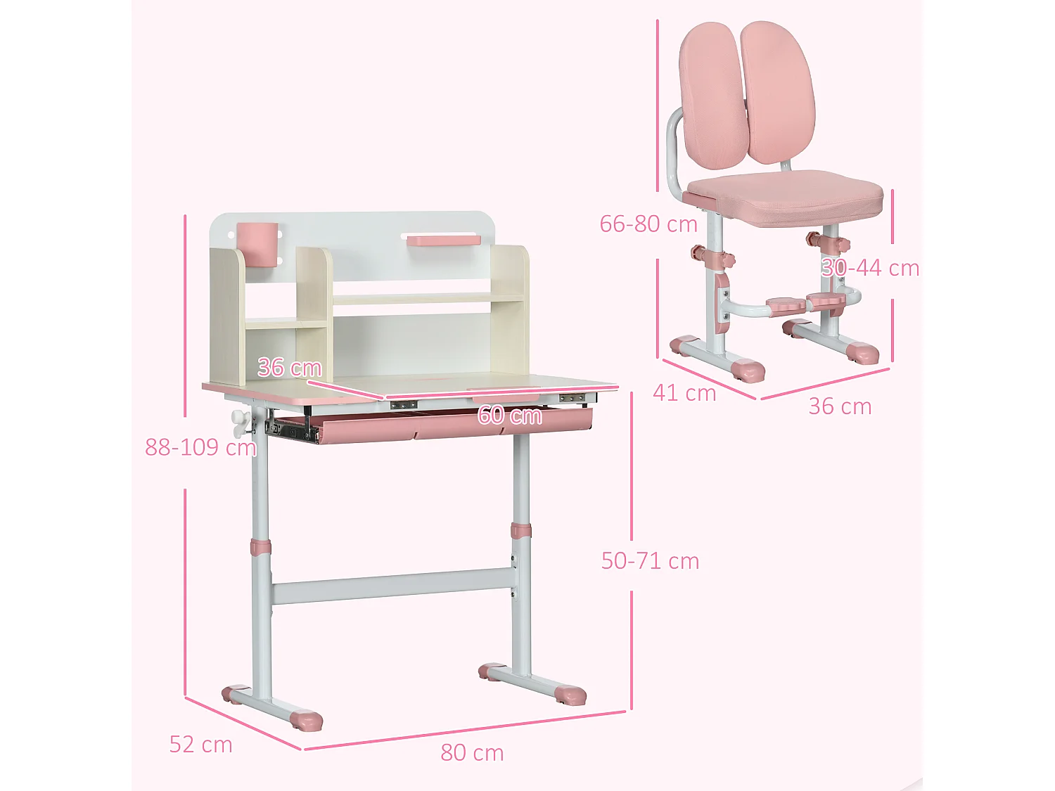 Ensemble bureau chaise enfant hauteur réglable plateau inclinable nombreux rangements blanc rose effet bois clair