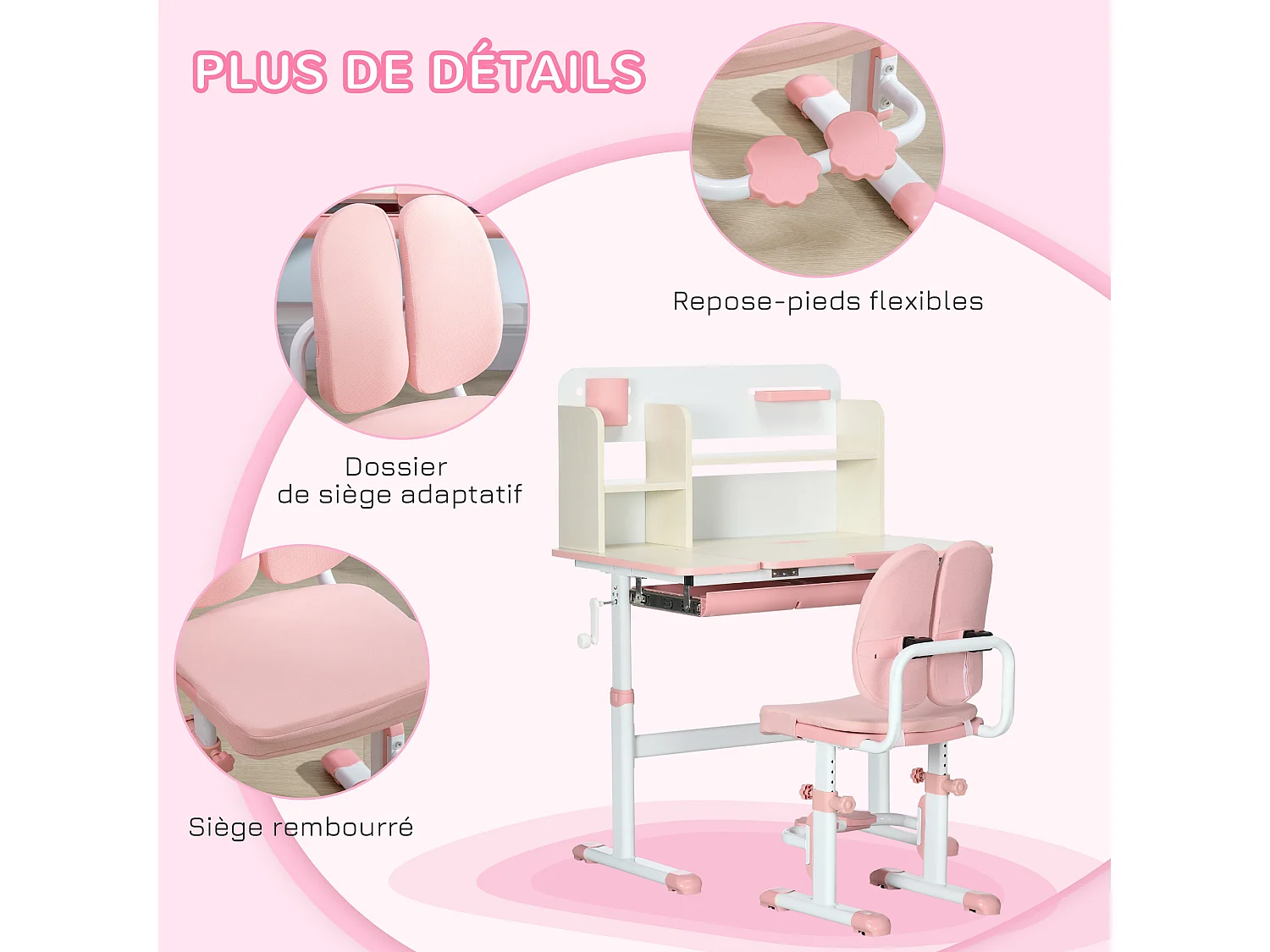 Ensemble bureau chaise enfant hauteur réglable plateau inclinable nombreux rangements blanc rose effet bois clair