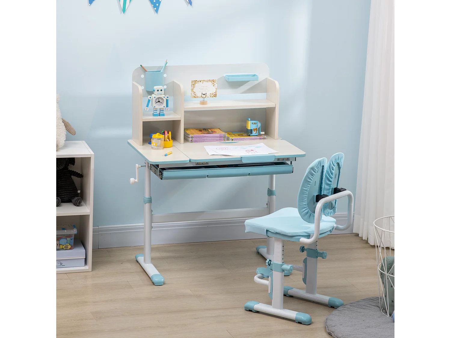 Ensemble bureau chaise enfant hauteur réglable plateau inclinable nombreux rangements blanc bleu effet bois clair