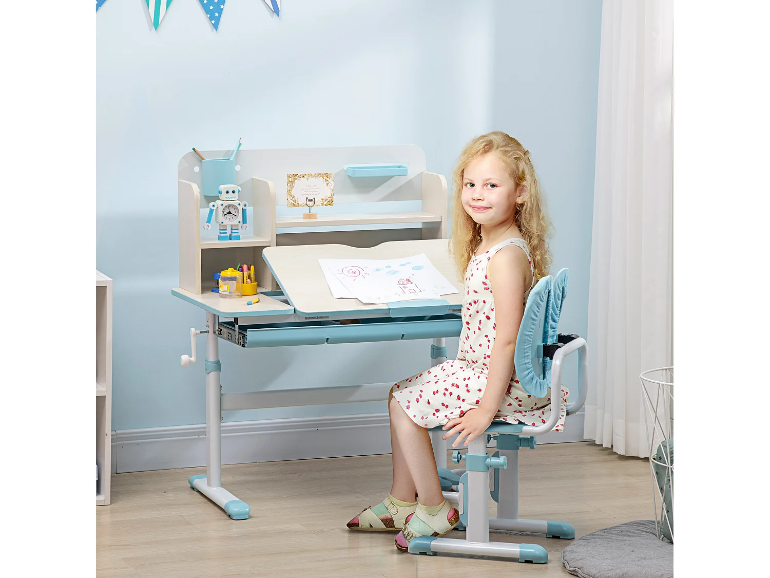 Ensemble bureau chaise enfant hauteur réglable plateau inclinable nombreux rangements blanc bleu effet bois clair