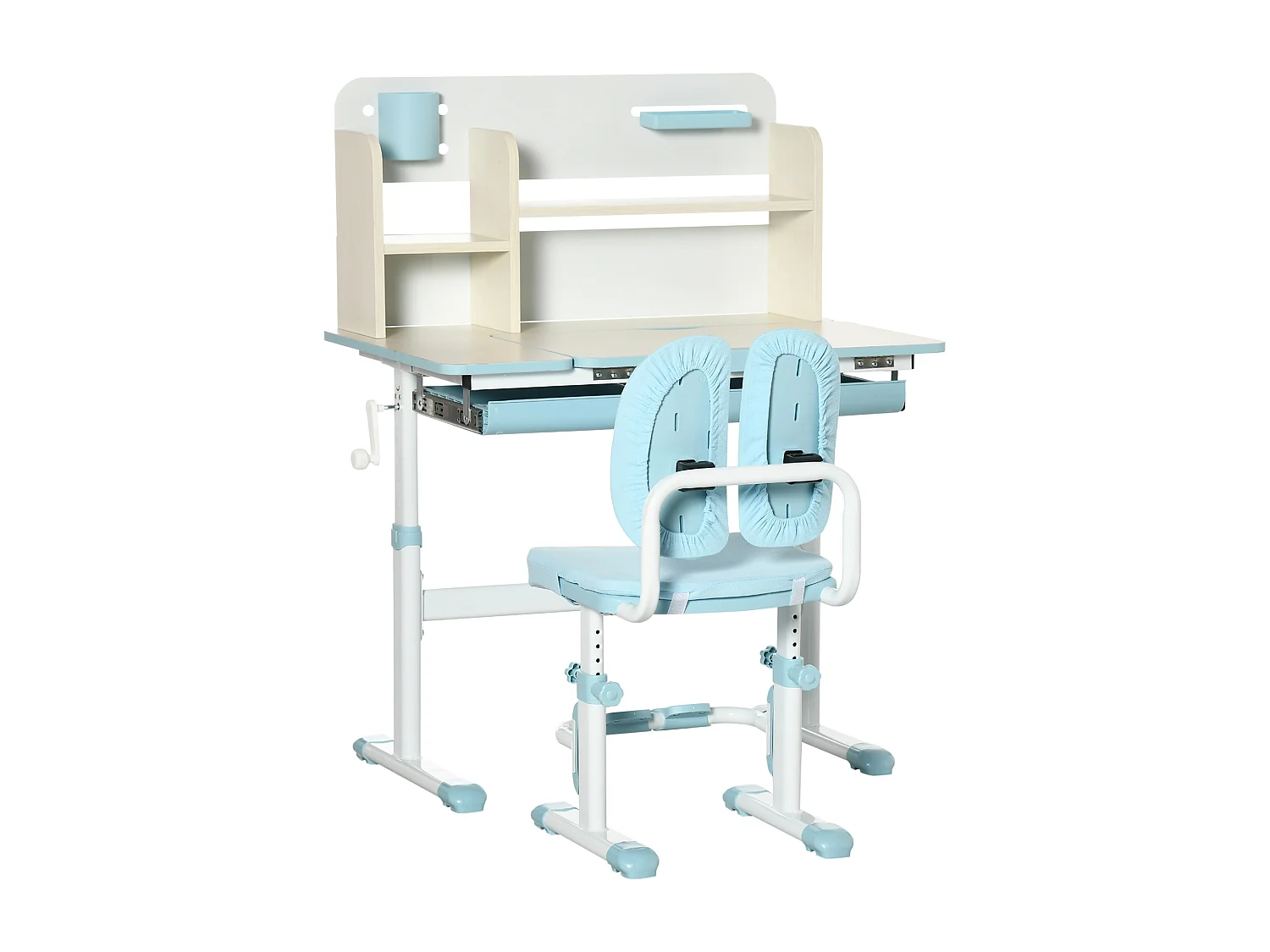 Ensemble bureau chaise enfant hauteur réglable plateau inclinable nombreux rangements blanc bleu effet bois clair