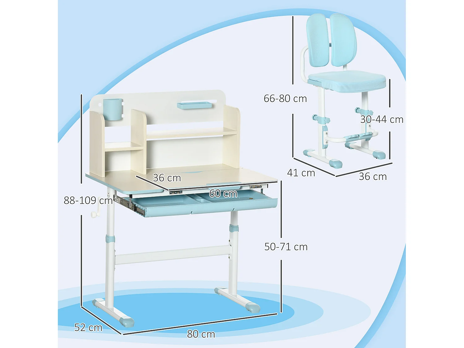Ensemble bureau chaise enfant hauteur réglable plateau inclinable nombreux rangements blanc bleu effet bois clair