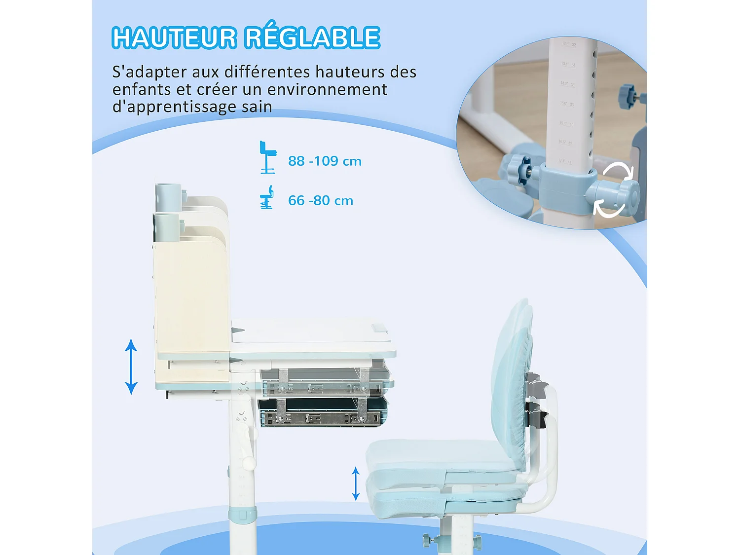 Ensemble bureau chaise enfant hauteur réglable plateau inclinable nombreux rangements blanc bleu effet bois clair