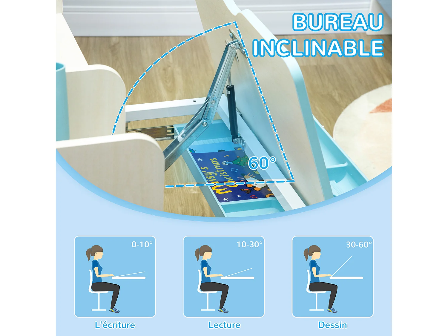 Ensemble bureau chaise enfant hauteur réglable plateau inclinable nombreux rangements blanc bleu effet bois clair