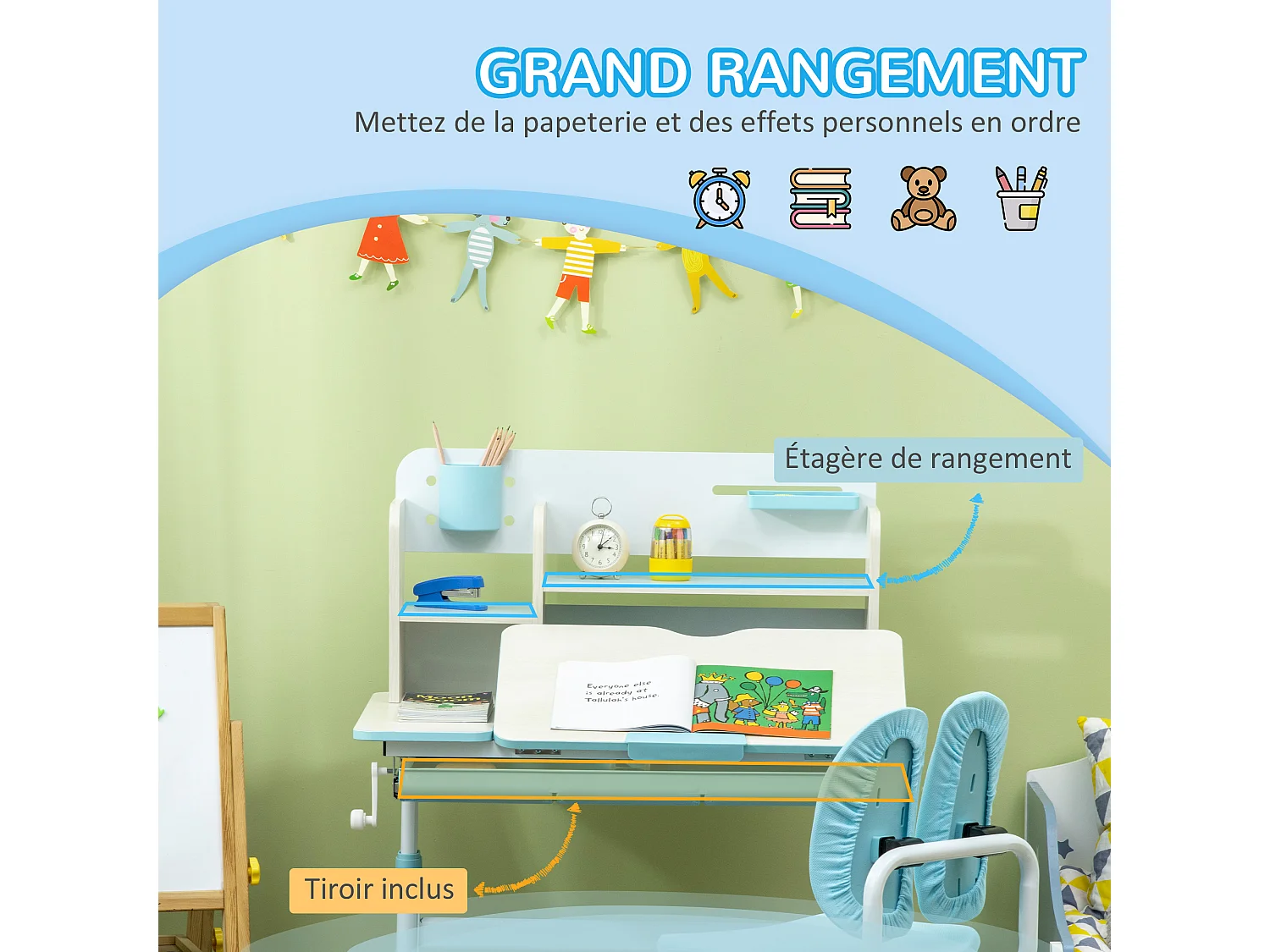 Ensemble bureau chaise enfant hauteur réglable plateau inclinable nombreux rangements blanc bleu effet bois clair