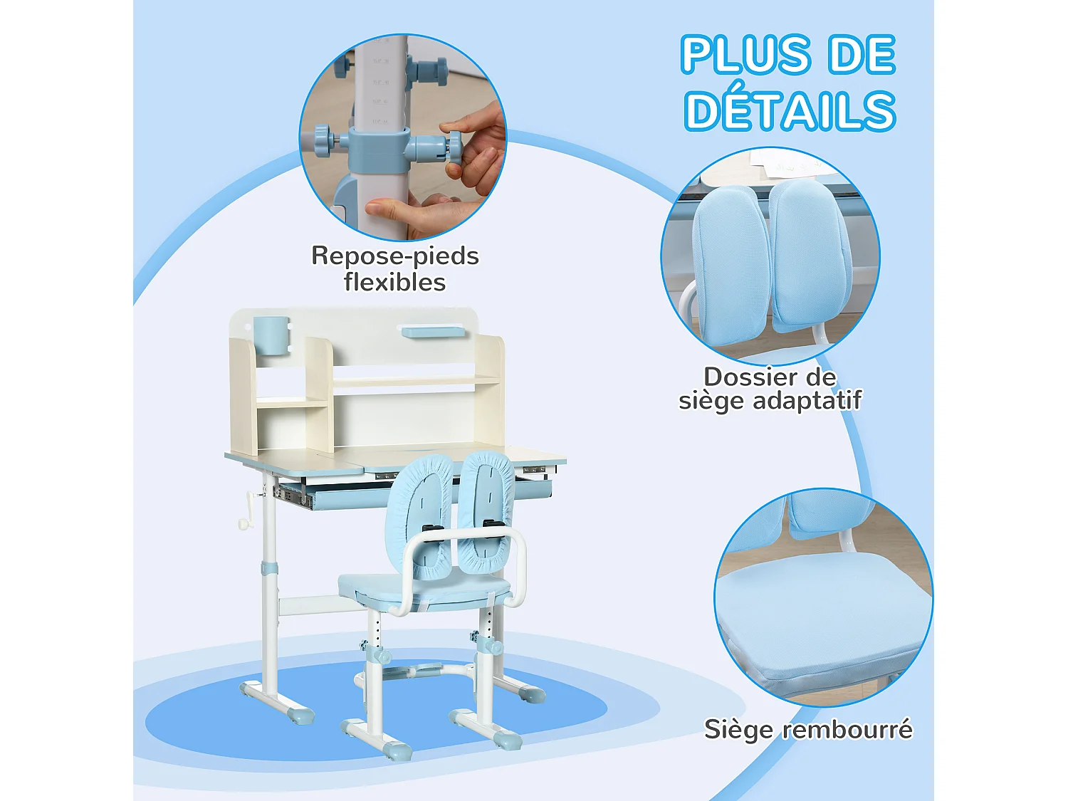 Ensemble bureau chaise enfant hauteur réglable plateau inclinable nombreux rangements blanc bleu effet bois clair