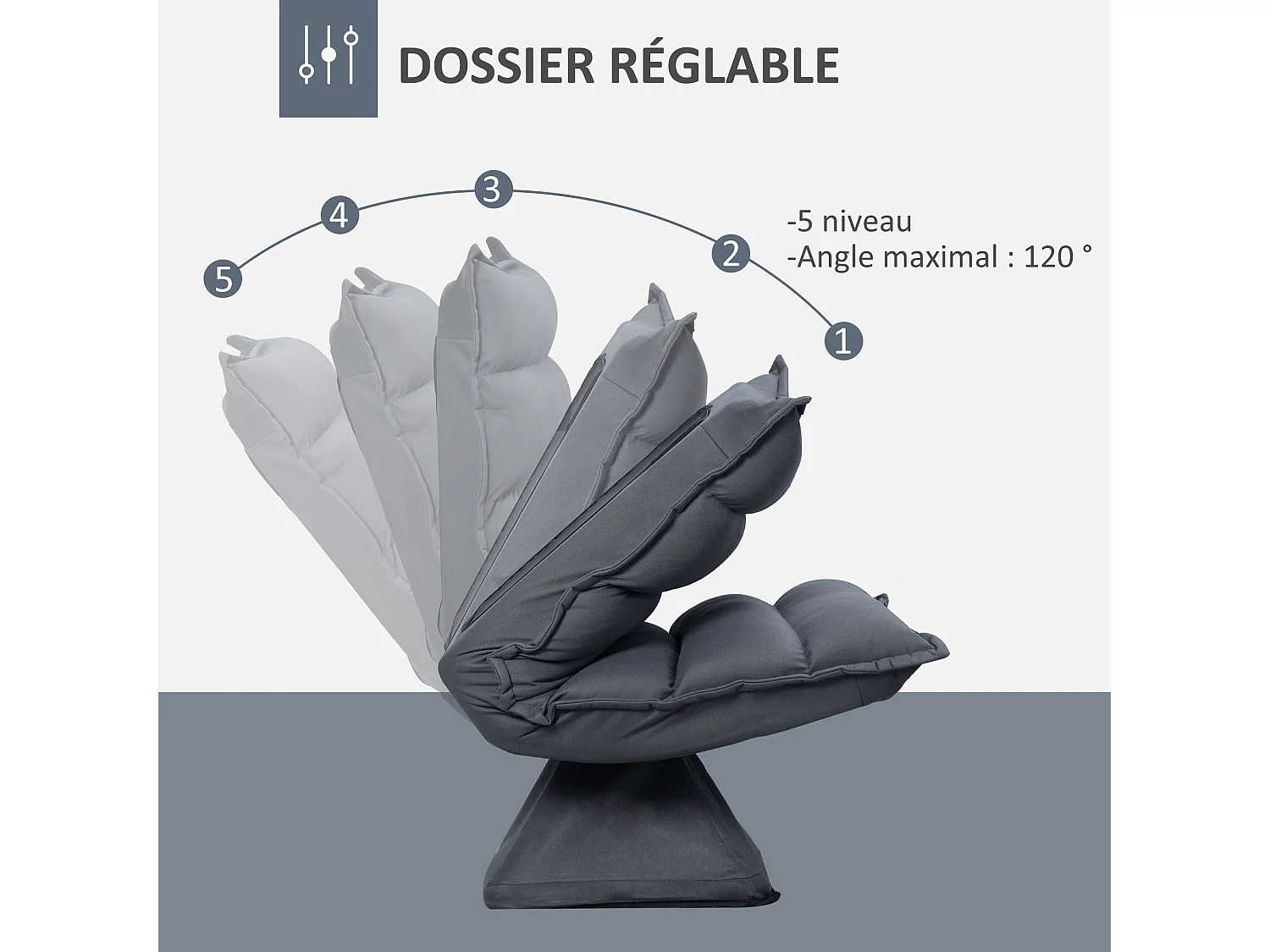 Fauteuil relax pivotant inclinaison réglable 5 niveaux tissu velours microfibre anthracite