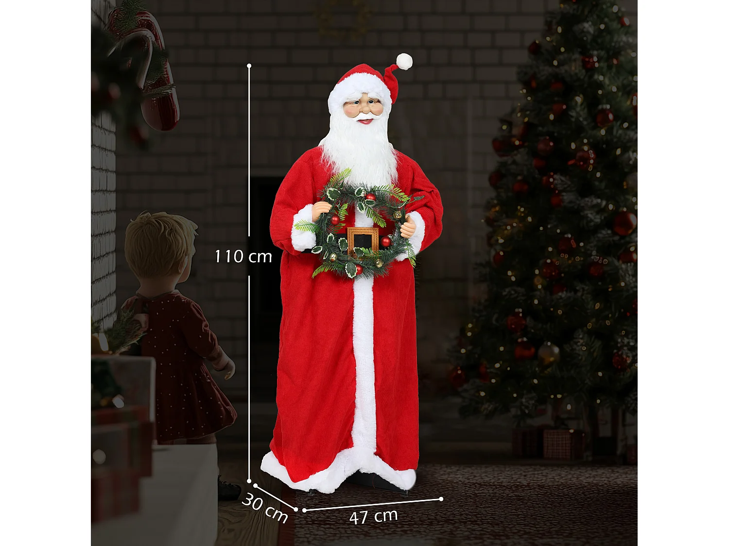Figurine de Père Noël, debout de Père Noël rouge traditionnelle 110 cm, commande vocale, musique festive, bras pliables, pour les décorations d'intérieur et de fête