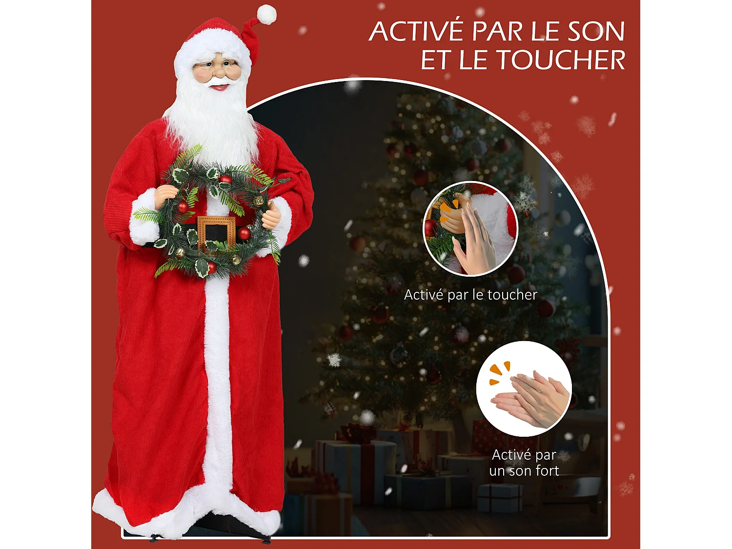 Figurine de Père Noël, debout de Père Noël rouge traditionnelle 110 cm, commande vocale, musique festive, bras pliables, pour les décorations d'intérieur et de fête
