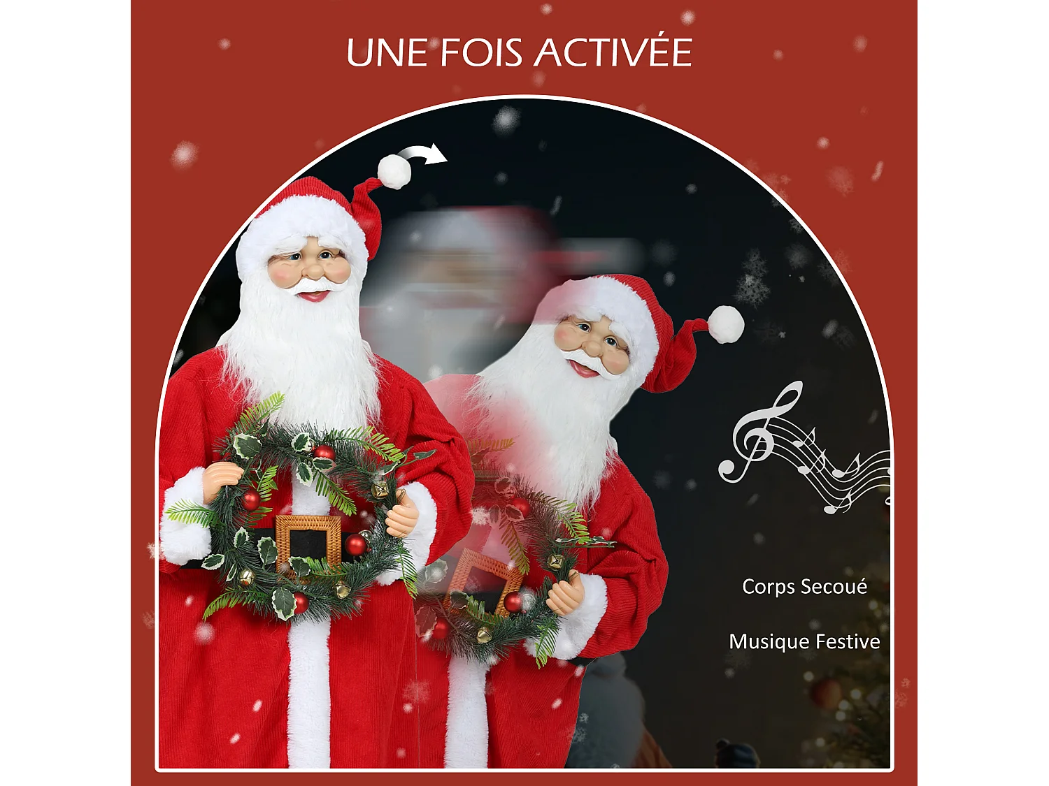 Figurine de Père Noël, debout de Père Noël rouge traditionnelle 110 cm, commande vocale, musique festive, bras pliables, pour les décorations d'intérieur et de fête
