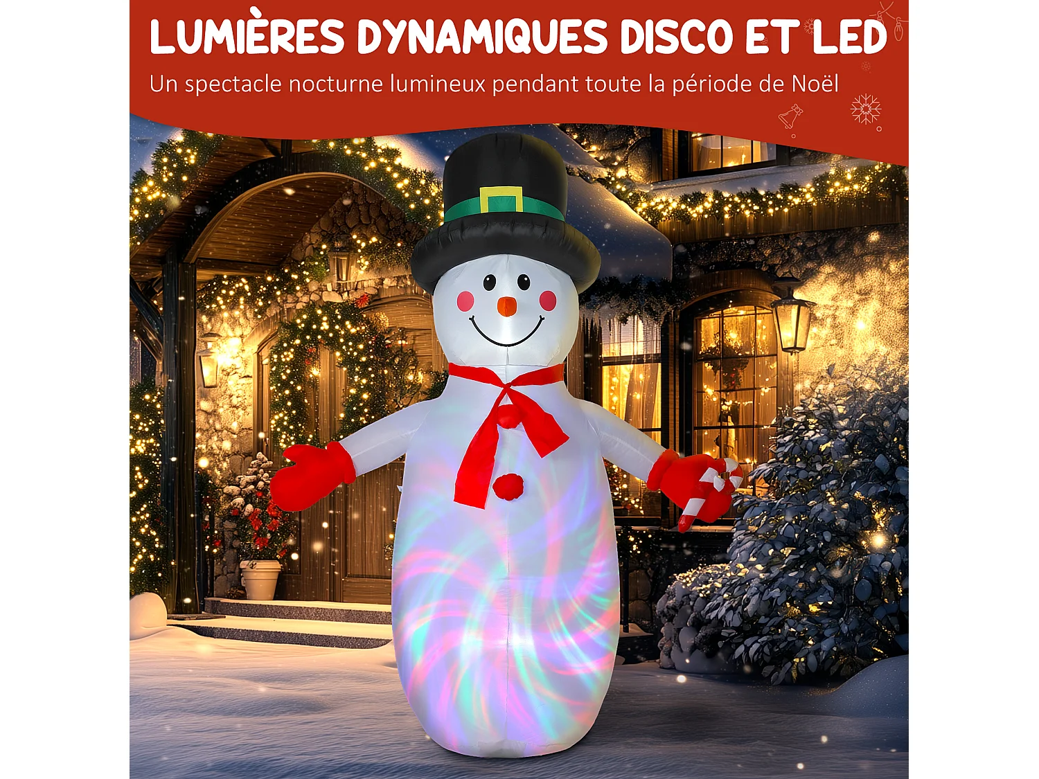 Bonhomme de neige gonflable LED Noël H.240cm matériel fixation et souffleur inclus