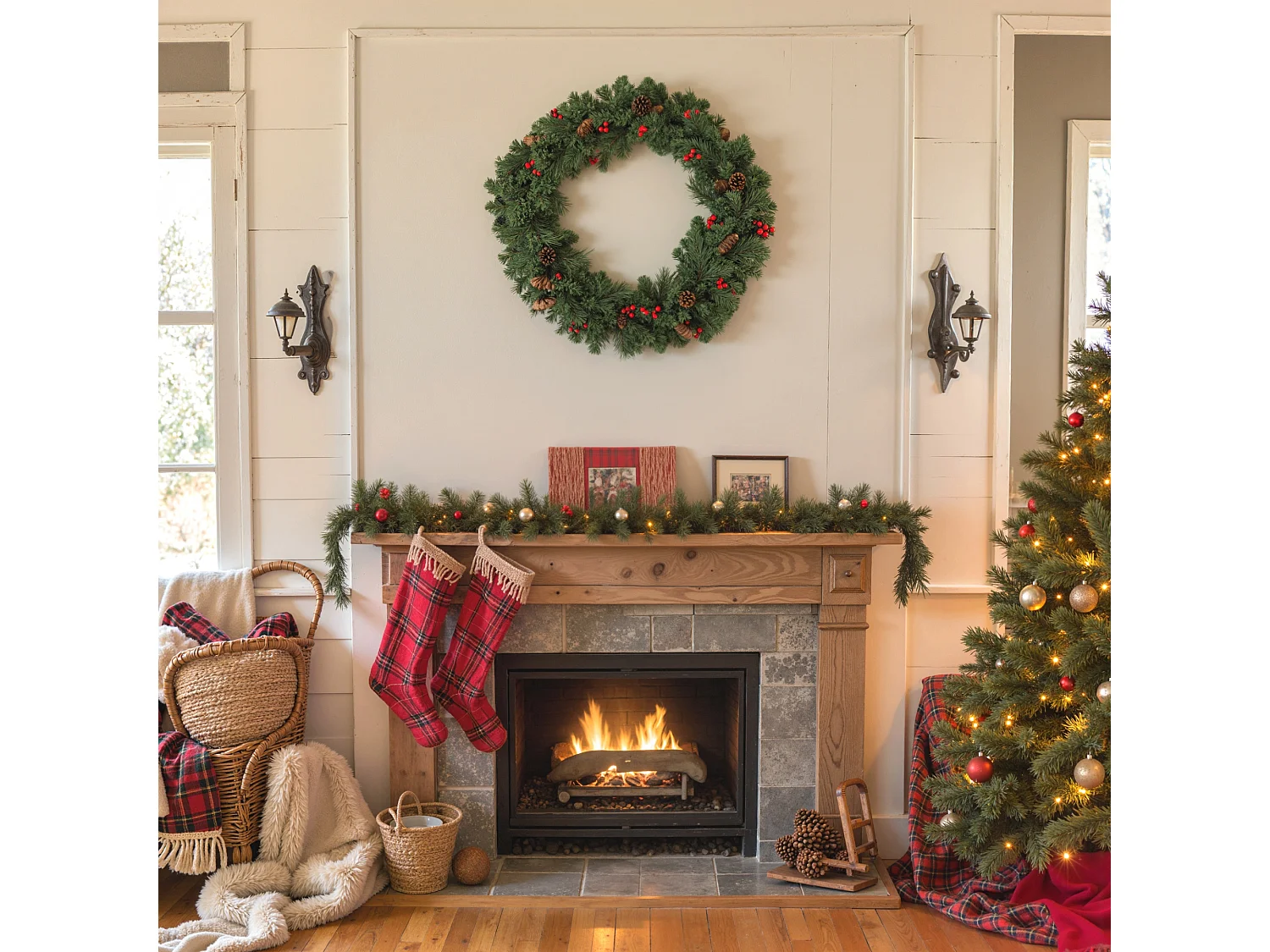 Guirlande de Noël artificielle 180 cm 162 branches denses 2 variétés - pommes de pin, baies rouges - vert