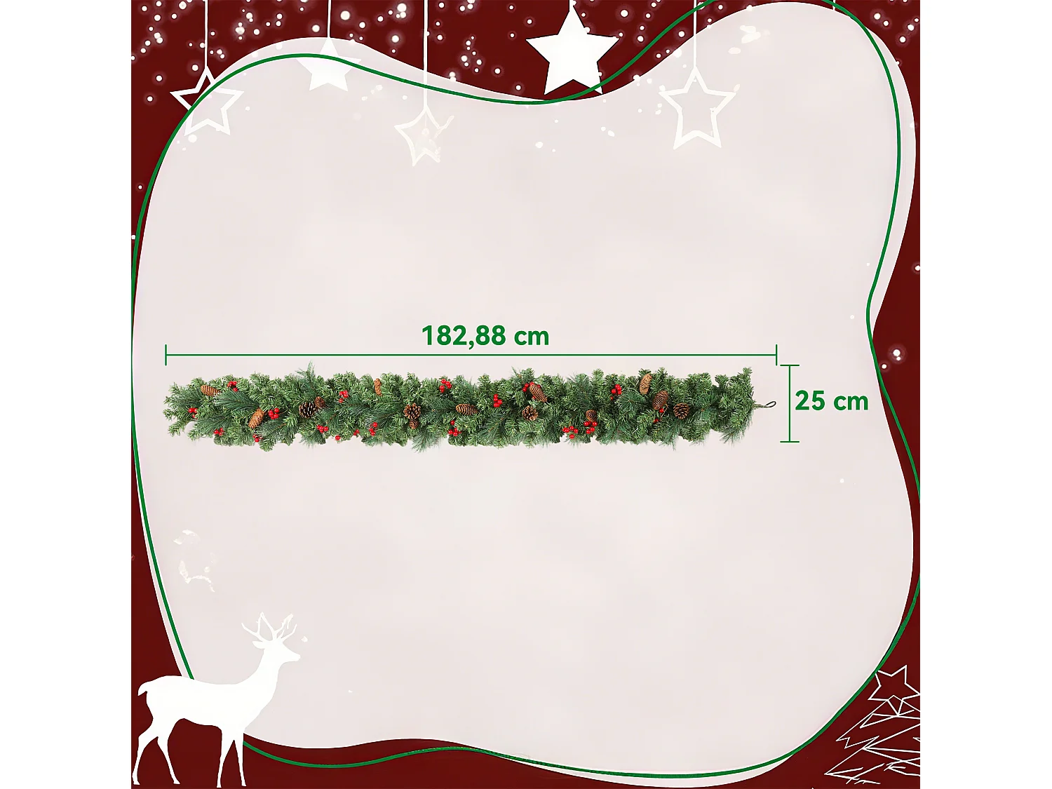 Guirlande de Noël artificielle 180 cm 162 branches denses 2 variétés - pommes de pin, baies rouges - vert