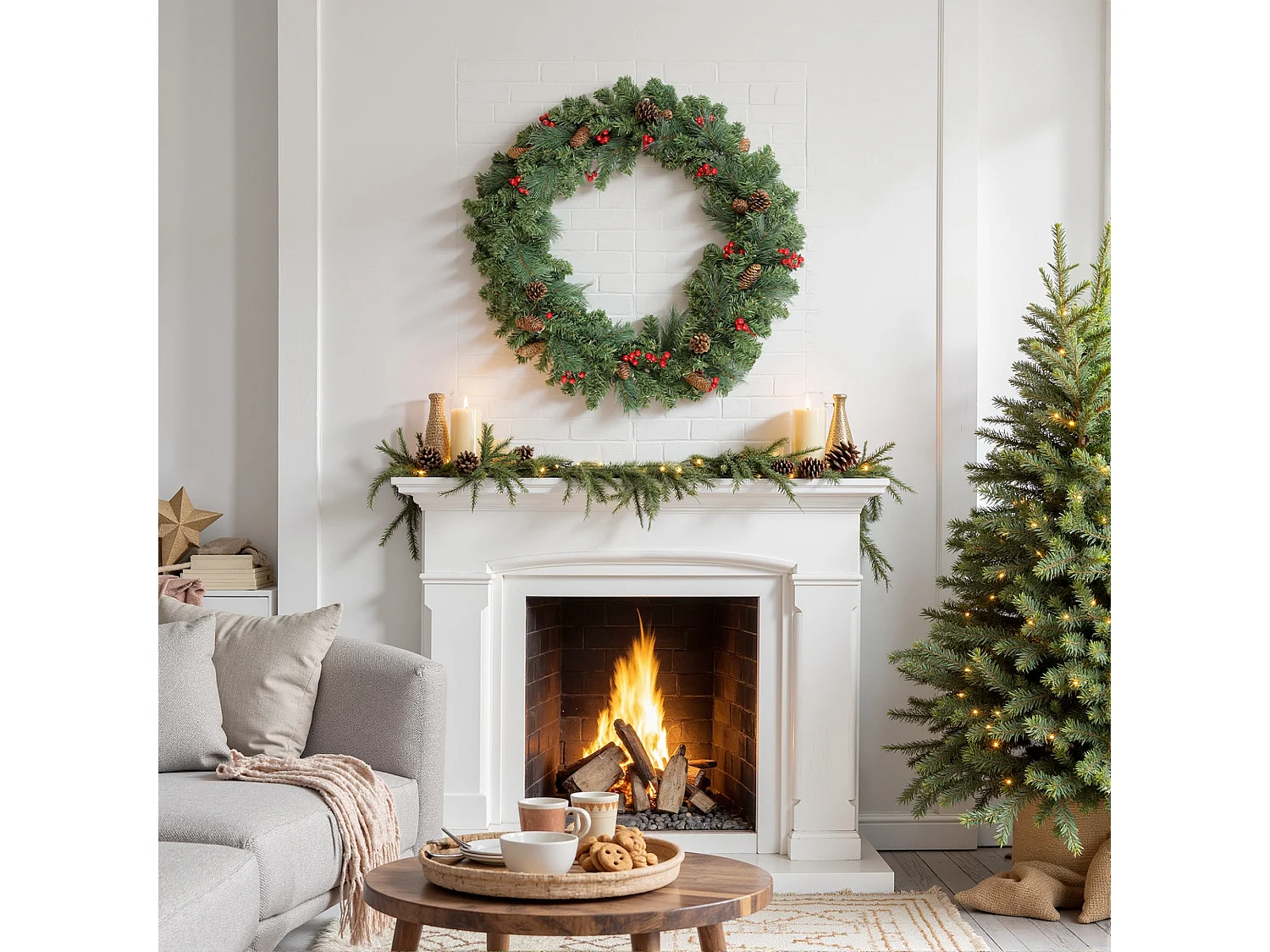 Guirlande de Noël artificielle 180 cm 162 branches denses 2 variétés - pommes de pin, baies rouges - vert