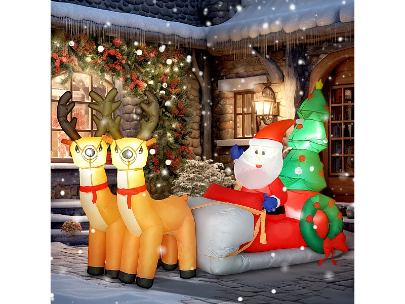 Traîneau Père Noël gonflable LED avec 2 rennes - matériel fixation et souffleur inclus - polyester