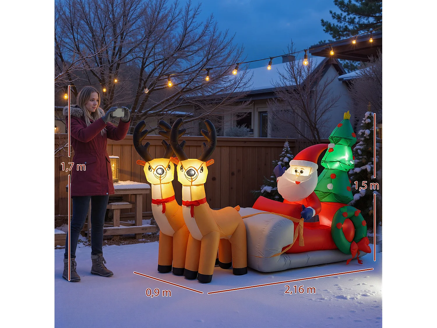 Traîneau Père Noël gonflable LED avec 2 rennes - matériel fixation et souffleur inclus - polyester