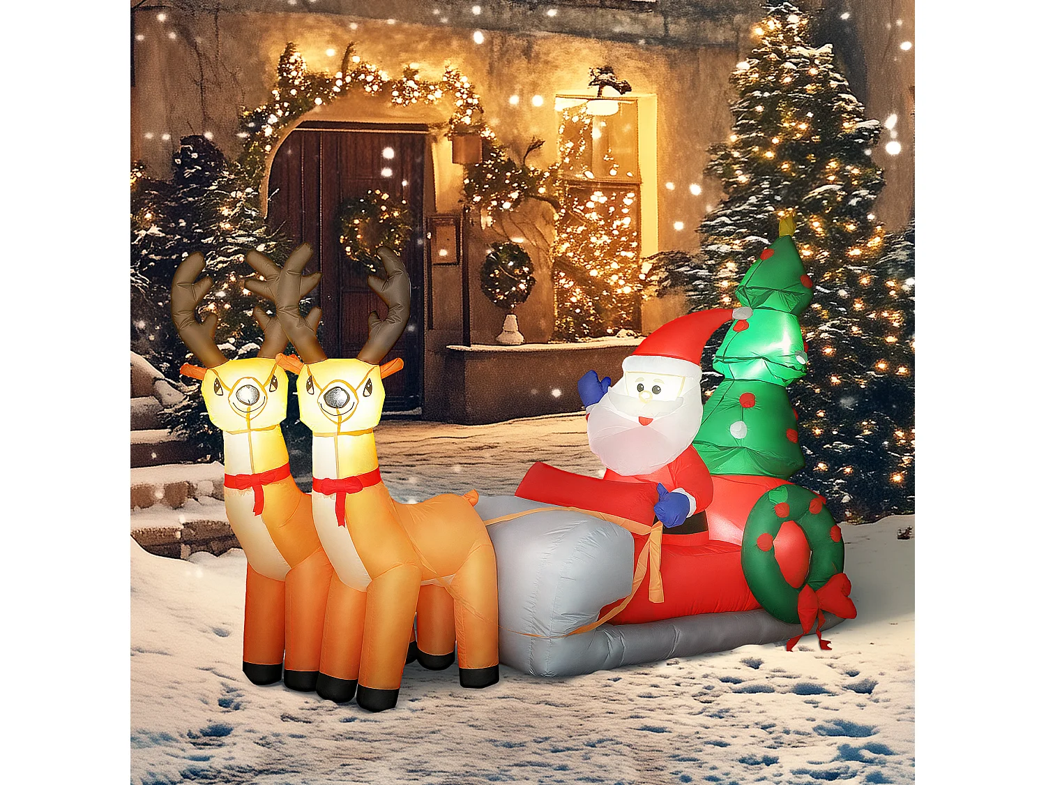 Traîneau Père Noël gonflable LED avec 2 rennes - matériel fixation et souffleur inclus - polyester