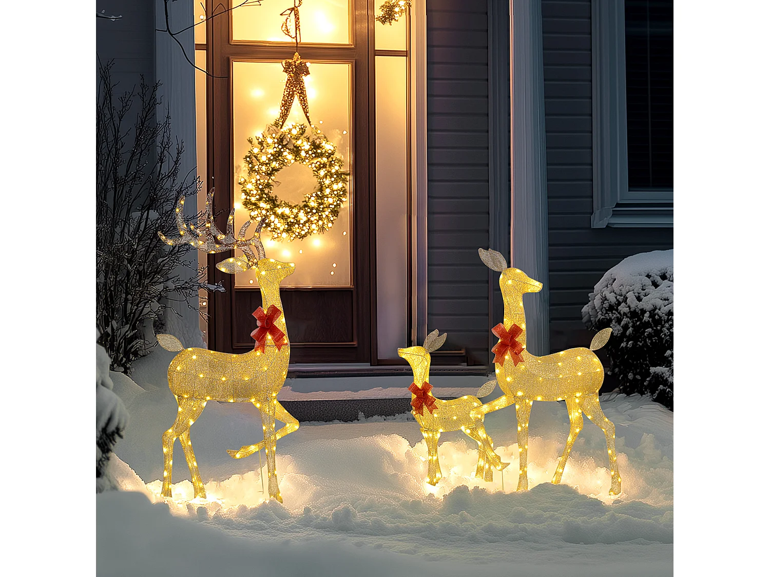 Lot de 3 rennes lumineux - rennes de Noël lumineux extérieur 283 LED blanc chaud - 3 noeuds rouge