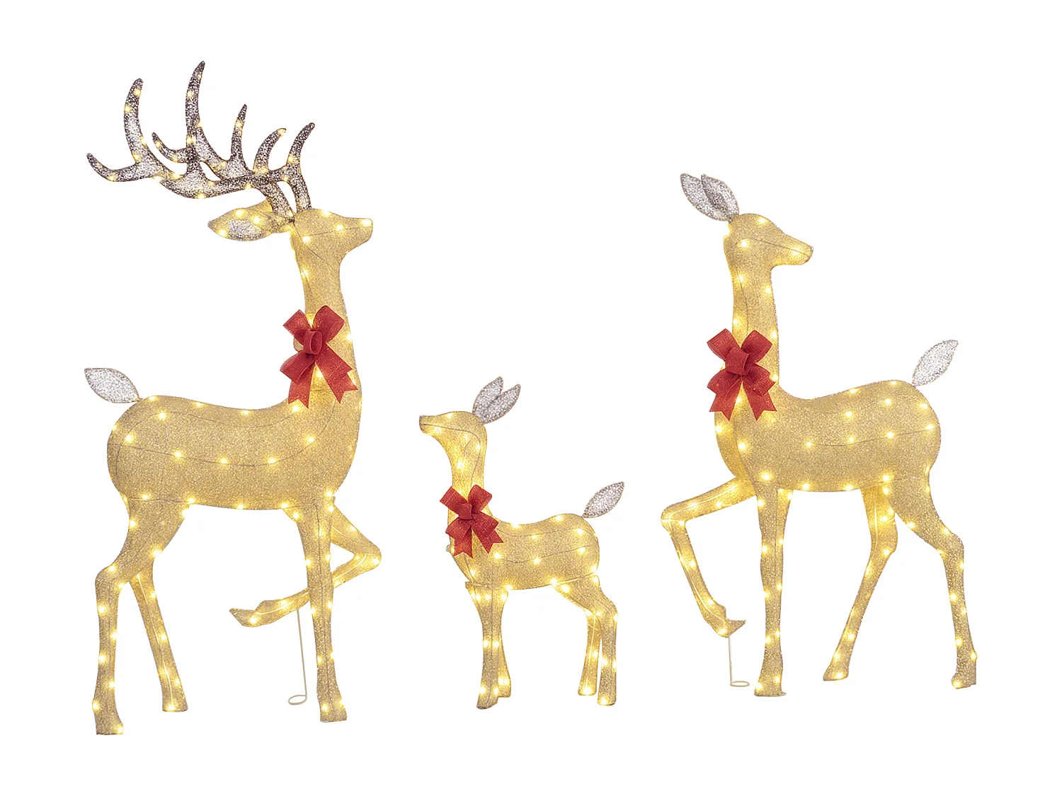 Lot de 3 rennes lumineux - rennes de Noël lumineux extérieur 283 LED blanc chaud - 3 noeuds rouge